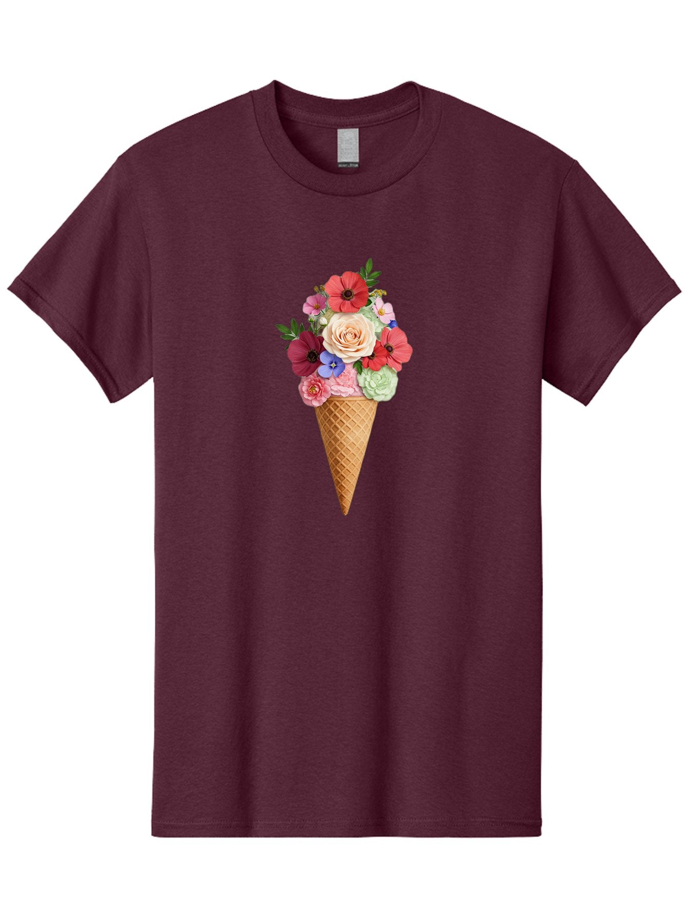 Flower-Ice-Cream-Cone Men'S Graphic Tee, 100% Cotton, Comfortable Casual Summer Wear, Machine Washable, Ice Cream Cone, Flowers, Floral Arrangement, Roses, Poppies, Pastel Colors, Summer Vibes, Sweet Treats, Creative Design, Floral Bouquet Baa688 8