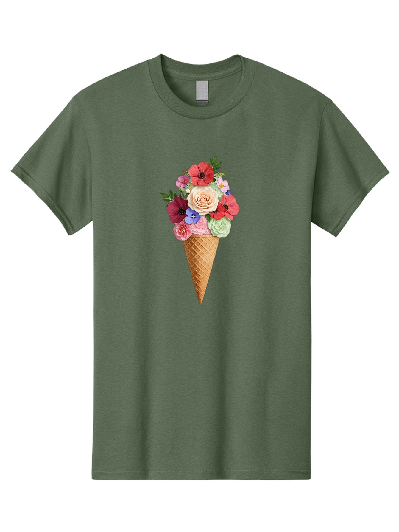 Flower-Ice-Cream-Cone Men'S Graphic Tee, 100% Cotton, Comfortable Casual Summer Wear, Machine Washable, Ice Cream Cone, Flowers, Floral Arrangement, Roses, Poppies, Pastel Colors, Summer Vibes, Sweet Treats, Creative Design, Floral Bouquet Baa688