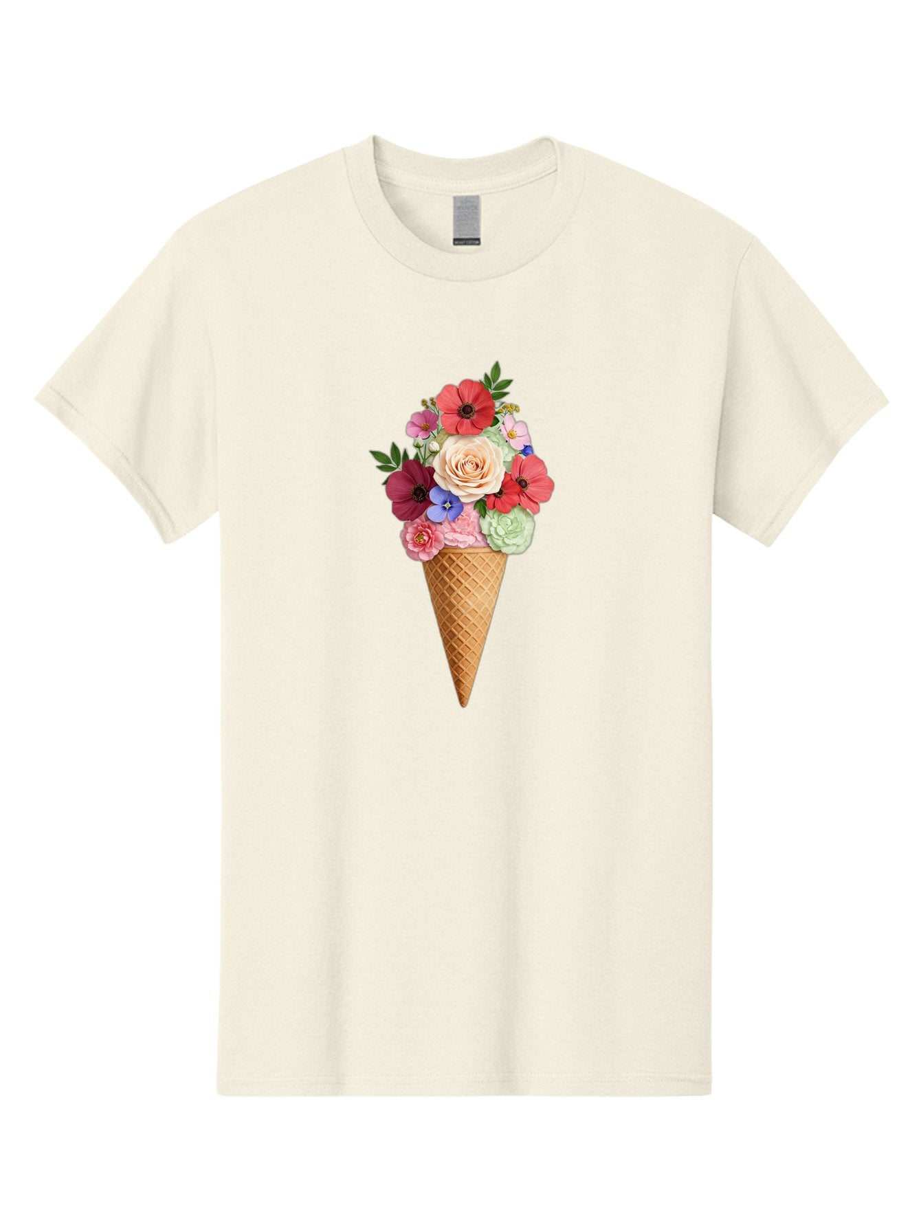 Flower-Ice-Cream-Cone Men'S Graphic Tee, 100% Cotton, Comfortable Casual Summer Wear, Machine Washable, Ice Cream Cone, Flowers, Floral Arrangement, Roses, Poppies, Pastel Colors, Summer Vibes, Sweet Treats, Creative Design, Floral Bouquet Baa688 12