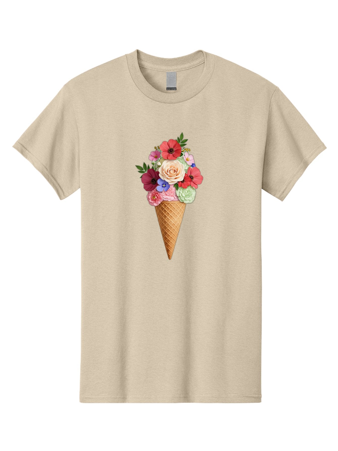 Flower-Ice-Cream-Cone Men'S Graphic Tee, 100% Cotton, Comfortable Casual Summer Wear, Machine Washable, Ice Cream Cone, Flowers, Floral Arrangement, Roses, Poppies, Pastel Colors, Summer Vibes, Sweet Treats, Creative Design, Floral Bouquet Baa688 5