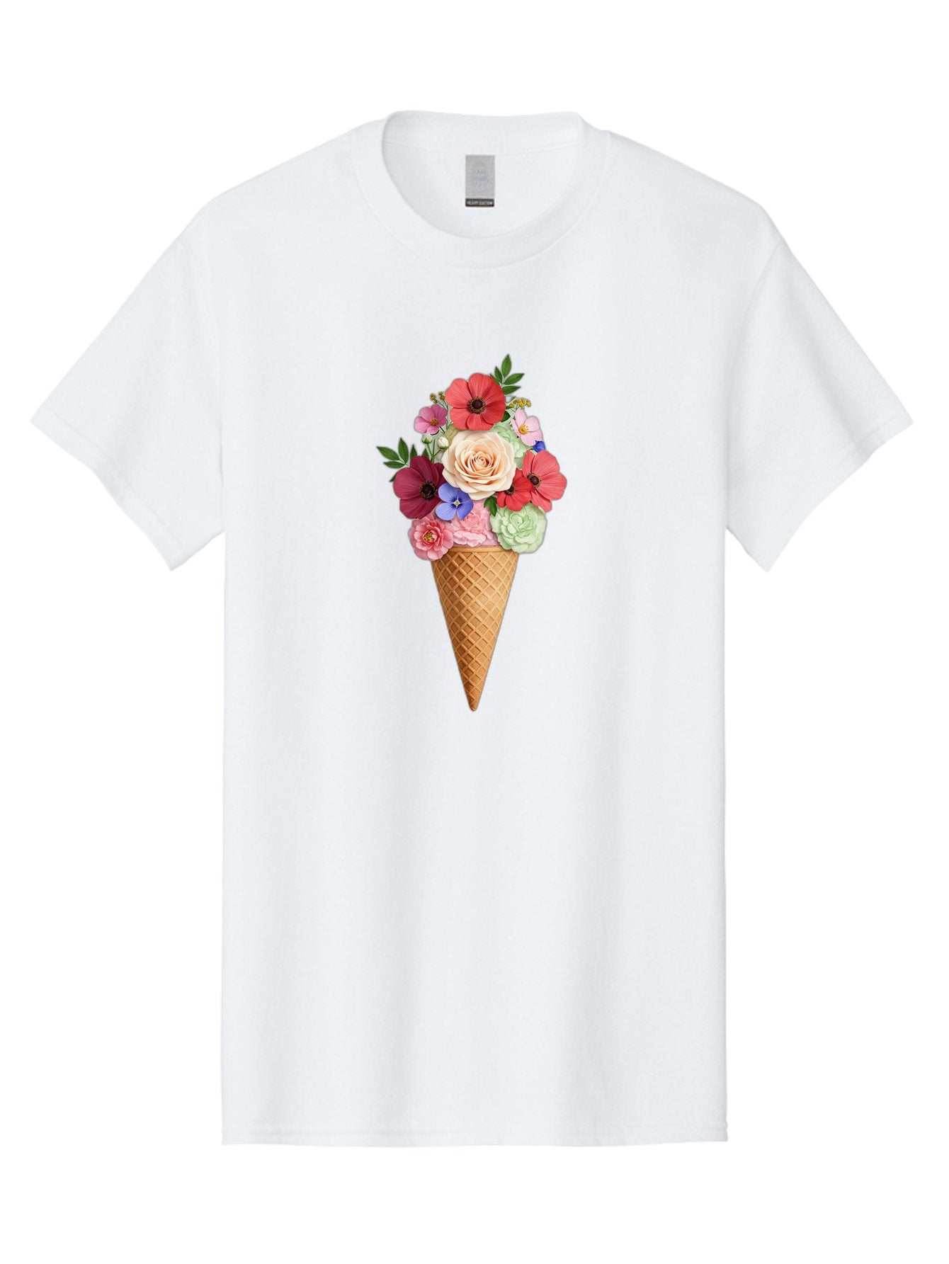 Flower-Ice-Cream-Cone Men'S Graphic Tee, 100% Cotton, Comfortable Casual Summer Wear, Machine Washable, Ice Cream Cone, Flowers, Floral Arrangement, Roses, Poppies, Pastel Colors, Summer Vibes, Sweet Treats, Creative Design, Floral Bouquet Baa688 10