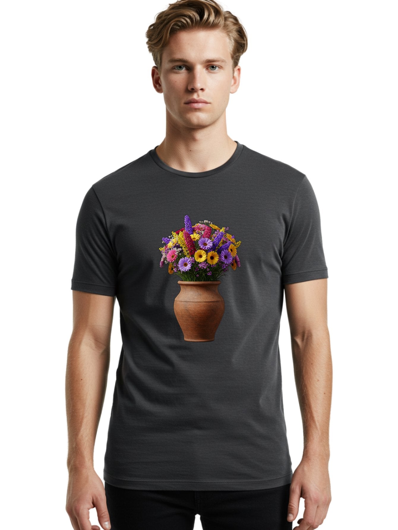 Flower-Pot Men'S Graphic Tee, 100% Cotton, Comfortable Casual Summer Wear, Machine Washable, Colorful Flowers, Floral Arrangement, Mixed Blooms, Vibrant Petals, Clay Vase, Flower Bouquet, Wildflowers, Garden Flowers, Floral Decor Baa689 27