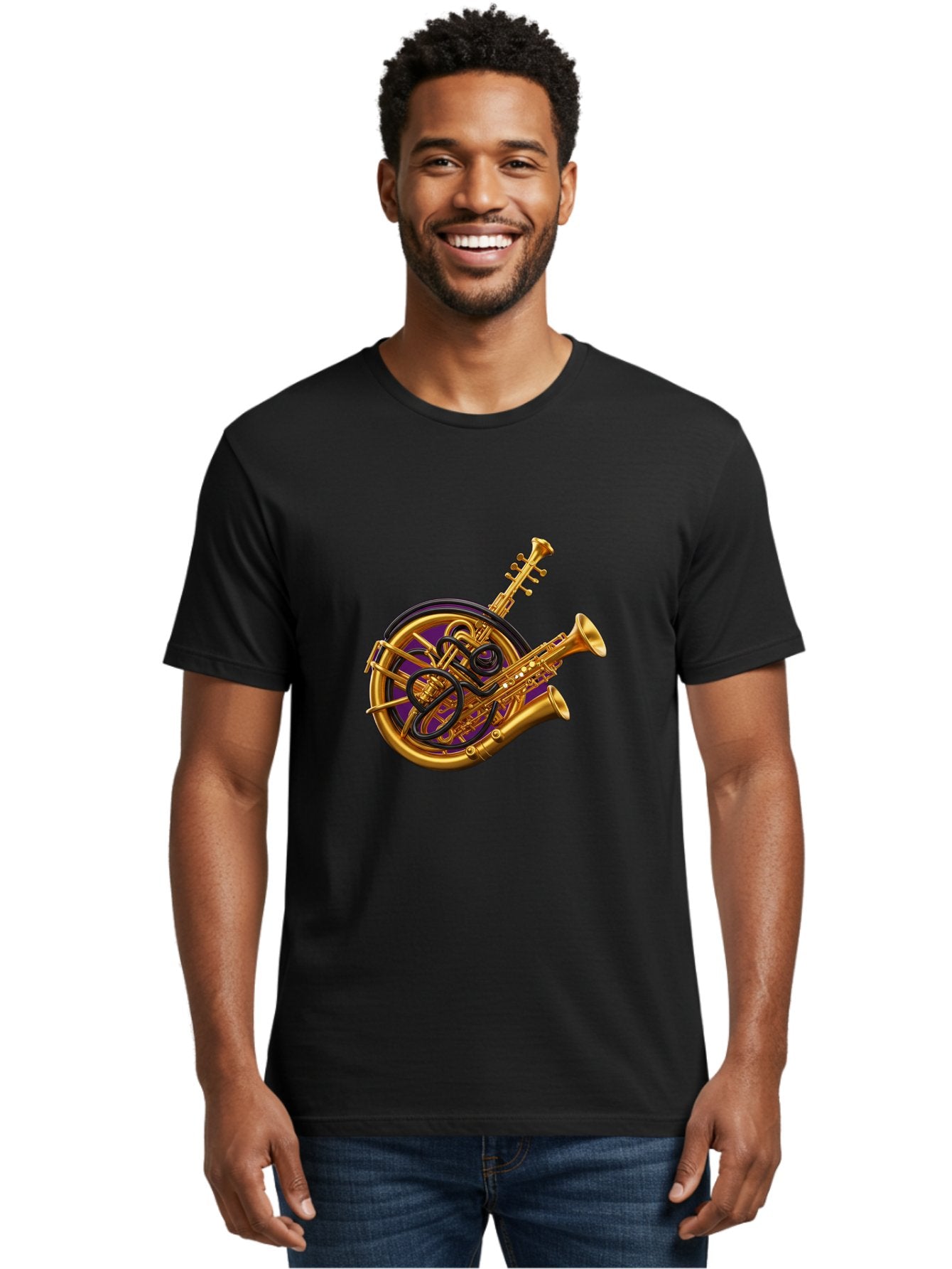 French-Horn-Trumpet-Saxophone Men'S Graphic Tee, 100% Cotton, Comfortable Casual Summer Wear, Machine Washable, Brass Instruments, French Horn, Trumpet, Saxophone, Musical Instruments, Jazz Music, Classical Music, Musical Composition Baa691 25