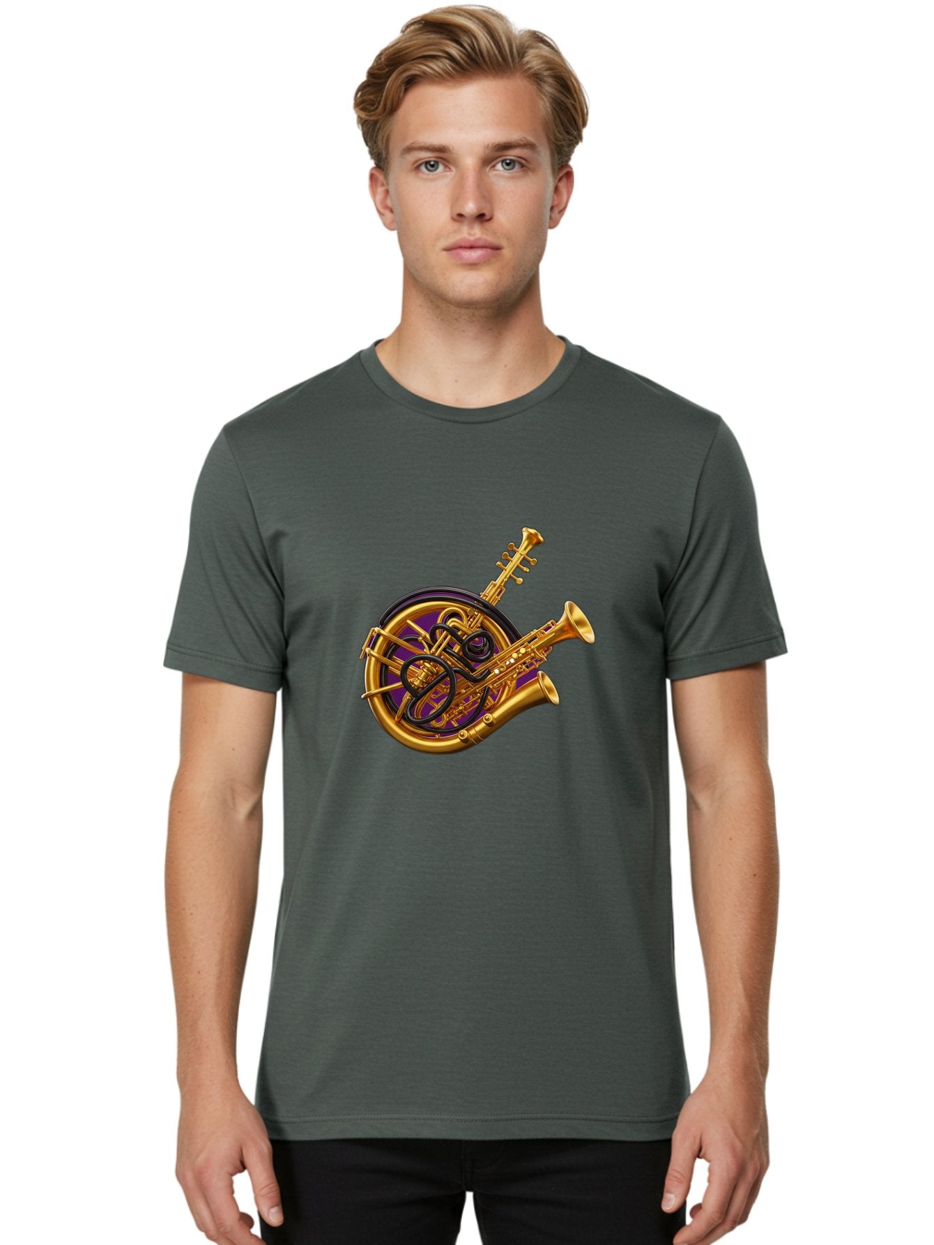 French-Horn-Trumpet-Saxophone Men'S Graphic Tee, 100% Cotton, Comfortable Casual Summer Wear, Machine Washable, Brass Instruments, French Horn, Trumpet, Saxophone, Musical Instruments, Jazz Music, Classical Music, Musical Composition Baa691 28