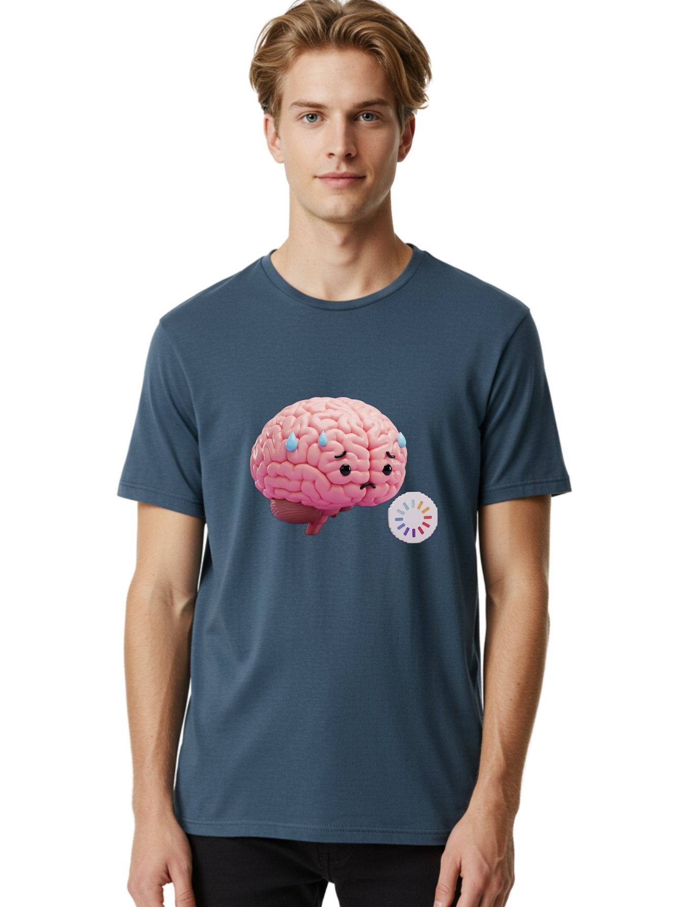 Frowning-Brain Men'S Graphic Tee, 100% Cotton, Comfortable Casual Summer Wear, Machine Washable, Cartoon Brain, Sad Face, Blue Tears, Frowning, Unhappy, Circular Color Palette, Brain Model, Emotional Expression, Human Anatomy Baa692 23