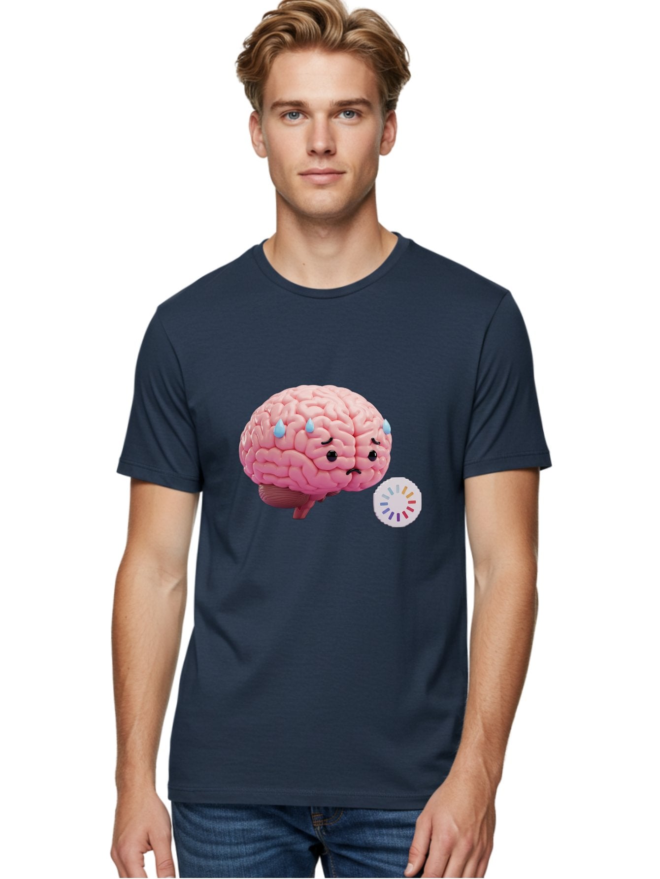 Frowning-Brain Men'S Graphic Tee, 100% Cotton, Comfortable Casual Summer Wear, Machine Washable, Cartoon Brain, Sad Face, Blue Tears, Frowning, Unhappy, Circular Color Palette, Brain Model, Emotional Expression, Human Anatomy Baa692 17