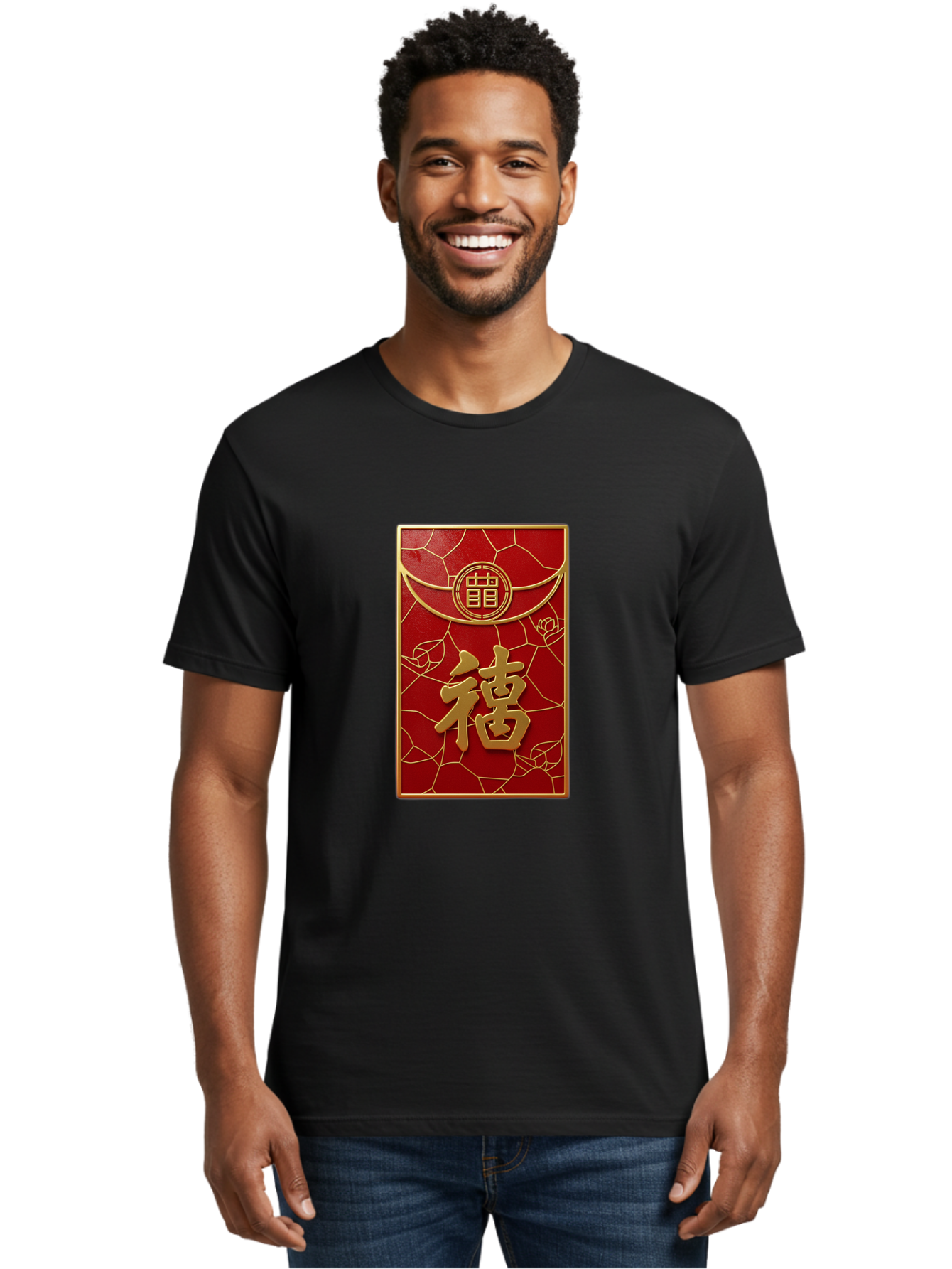 Fu-2 Men'S Graphic Tee, 100% Cotton, Comfortable Casual Summer Wear, Machine Washable, Red Envelope, Gold Chinese Characters, Chinese New Year, Prosperity Symbol, Lucky Money, Cultural Heritage, Traditional Gift, Fu Character, Elegant Design, Baa694 20
