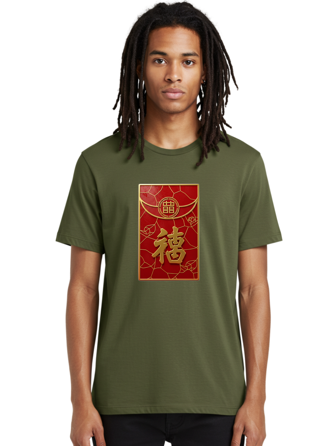 Fu-2 Men'S Graphic Tee, 100% Cotton, Comfortable Casual Summer Wear, Machine Washable, Red Envelope, Gold Chinese Characters, Chinese New Year, Prosperity Symbol, Lucky Money, Cultural Heritage, Traditional Gift, Fu Character, Elegant Design, Baa694 24