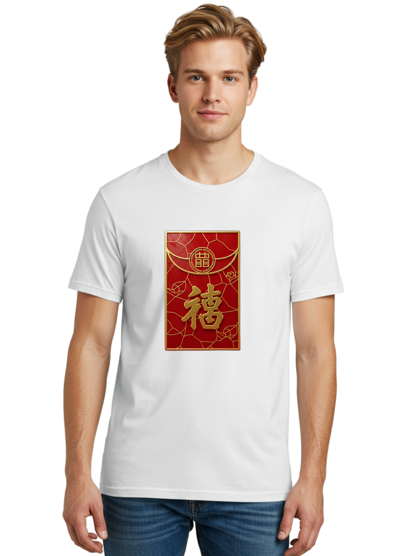 Fu-2 Men'S Graphic Tee, 100% Cotton, Comfortable Casual Summer Wear, Machine Washable, Red Envelope, Gold Chinese Characters, Chinese New Year, Prosperity Symbol, Lucky Money, Cultural Heritage, Traditional Gift, Fu Character, Elegant Design, Baa694 18