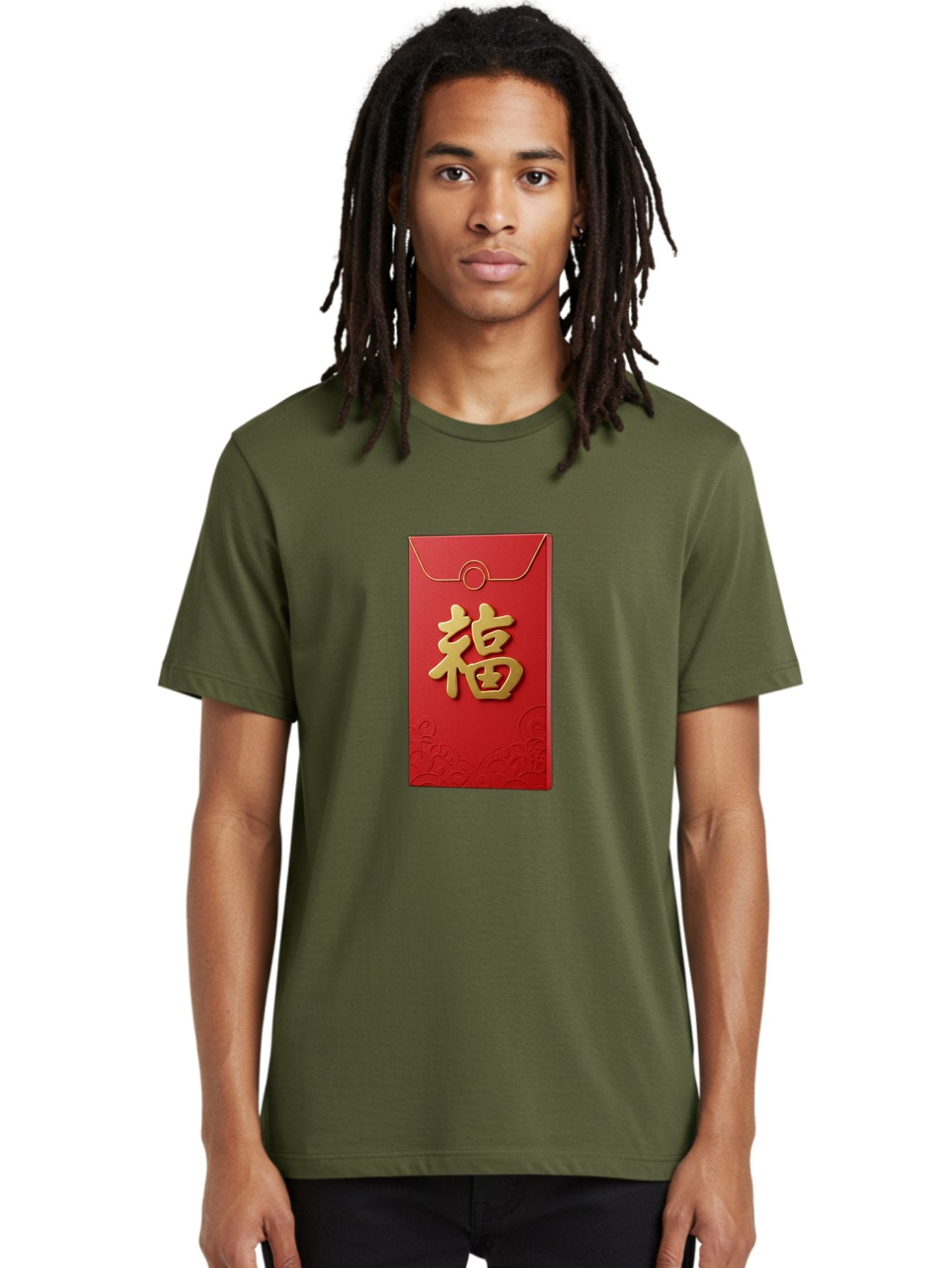 Fu-4 Men'S Graphic Tee, 100% Cotton, Comfortable Casual Summer Wear, Machine Washable, Red Envelope, Gold Character, Chinese New Year, Lucky Money, Prosperity Symbol, Cultural Tradition, Festive Gift, Auspicious Charm Baa696 25