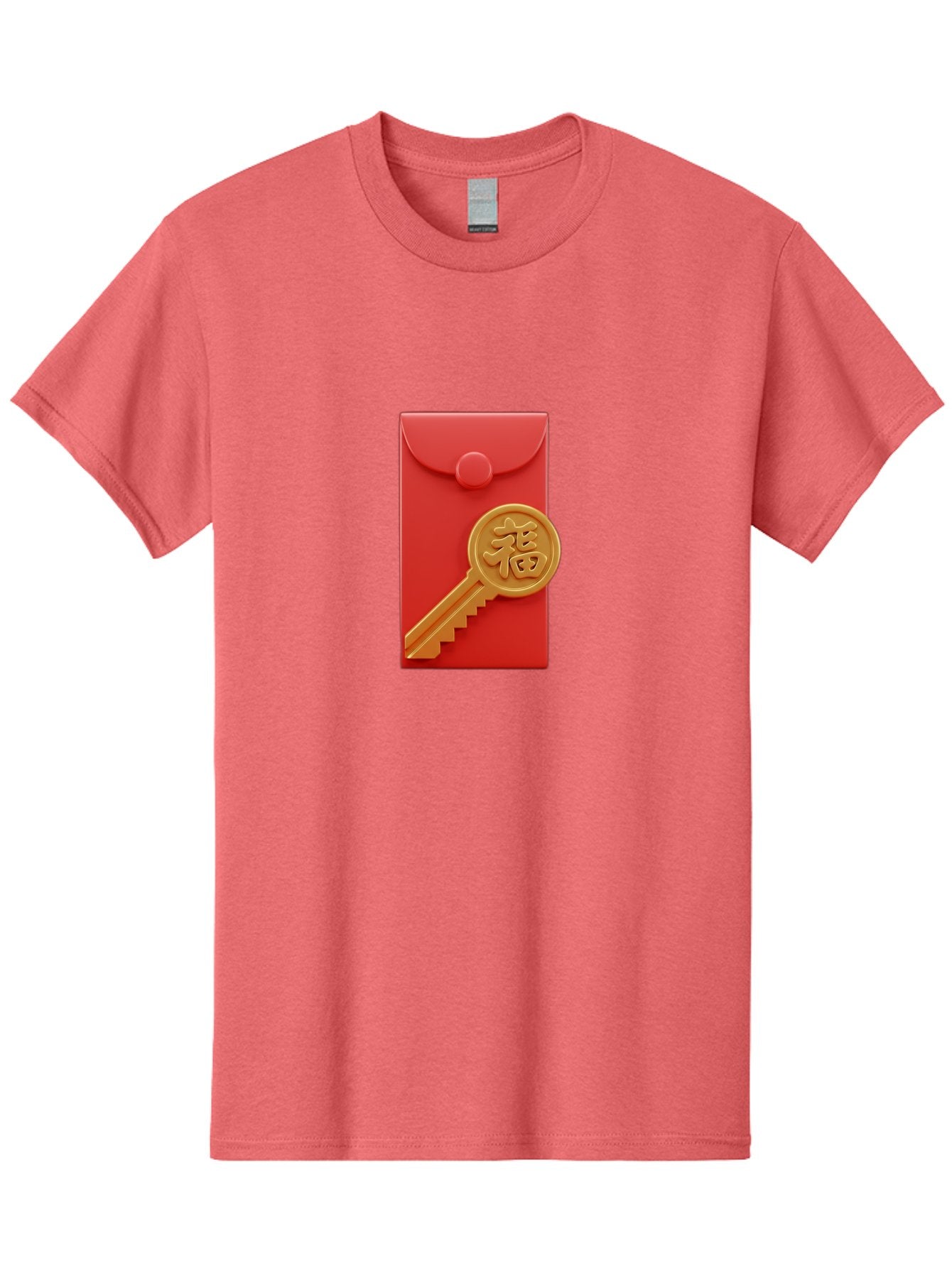 Fu-Key-Envelope Men'S Graphic Tee, 100% Cotton, Comfortable Casual Summer Wear, Machine Washable, Red Envelope, Gold Key, Chinese Character, Fu Symbol, Prosperity, Good Fortune, Luck, Chinese New Year, Gift Baa701 15