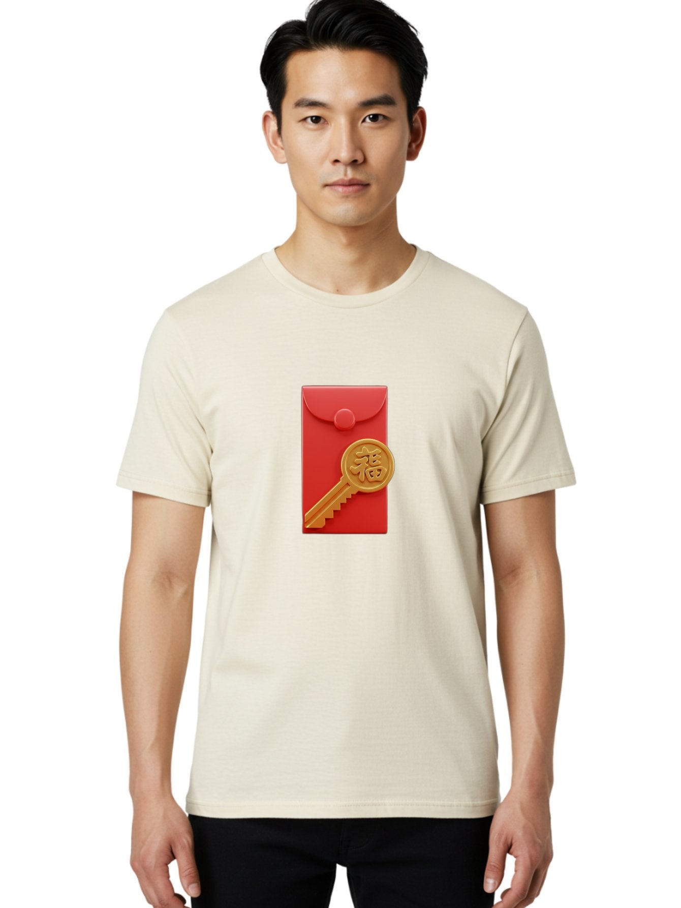 Fu-Key-Envelope Men'S Graphic Tee, 100% Cotton, Comfortable Casual Summer Wear, Machine Washable, Red Envelope, Gold Key, Chinese Character, Fu Symbol, Prosperity, Good Fortune, Luck, Chinese New Year, Gift Baa701 17