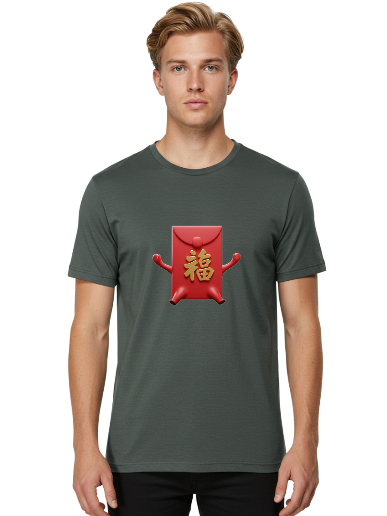 Fu-Lu Men'S Graphic Tee, 100% Cotton, Comfortable Casual Summer Wear, Machine Washable, Red Envelope Character, Chinese New Year, Hongbao Design, Playful Animation, Gold Chinese Characters, Cultural Symbol, Festive Greeting, Lucky Money Baa702 28