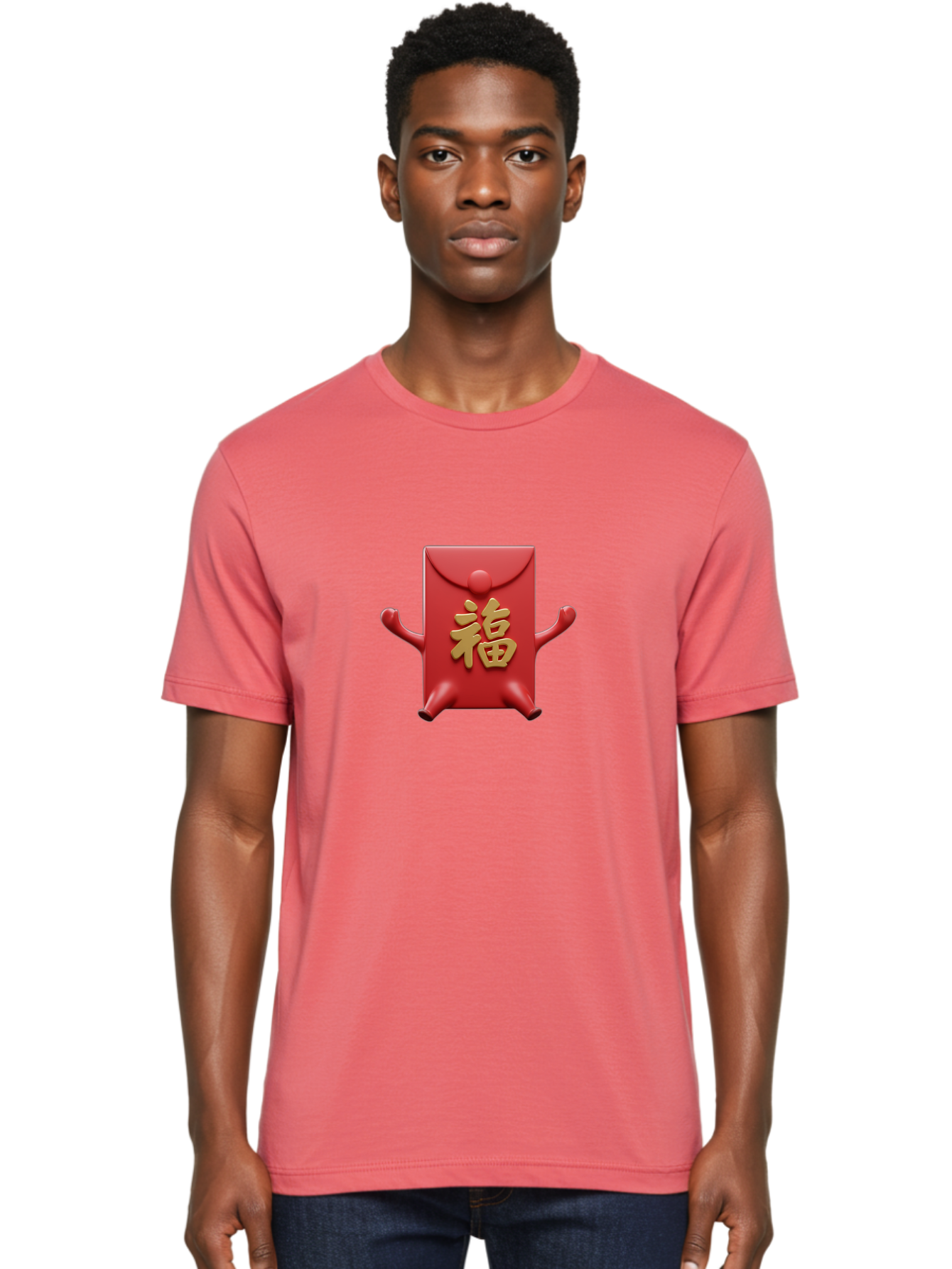 Fu-Lu Men'S Graphic Tee, 100% Cotton, Comfortable Casual Summer Wear, Machine Washable, Red Envelope Character, Chinese New Year, Hongbao Design, Playful Animation, Gold Chinese Characters, Cultural Symbol, Festive Greeting, Lucky Money Baa702 8