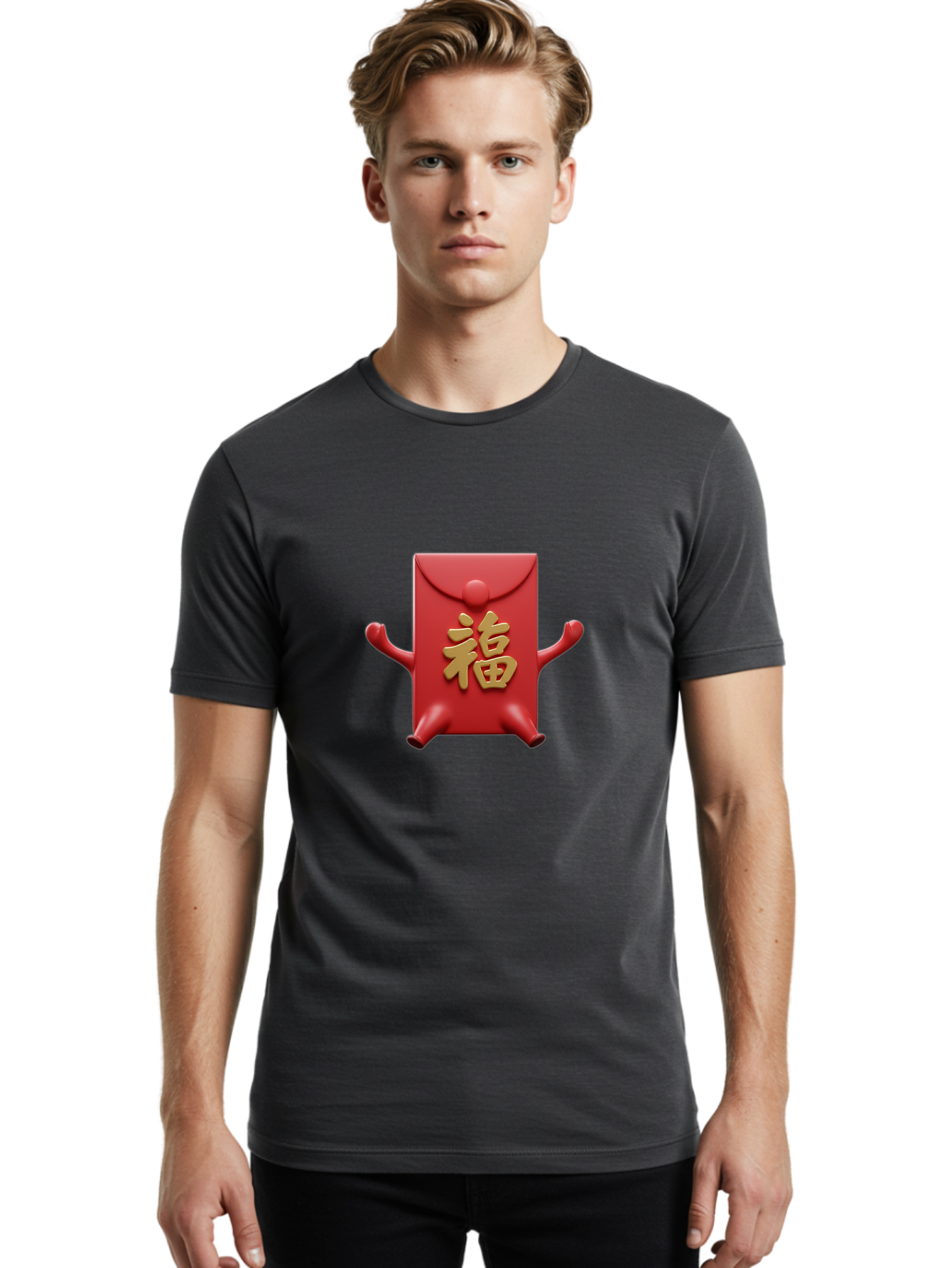 Fu-Lu Men'S Graphic Tee, 100% Cotton, Comfortable Casual Summer Wear, Machine Washable, Red Envelope Character, Chinese New Year, Hongbao Design, Playful Animation, Gold Chinese Characters, Cultural Symbol, Festive Greeting, Lucky Money Baa702 16