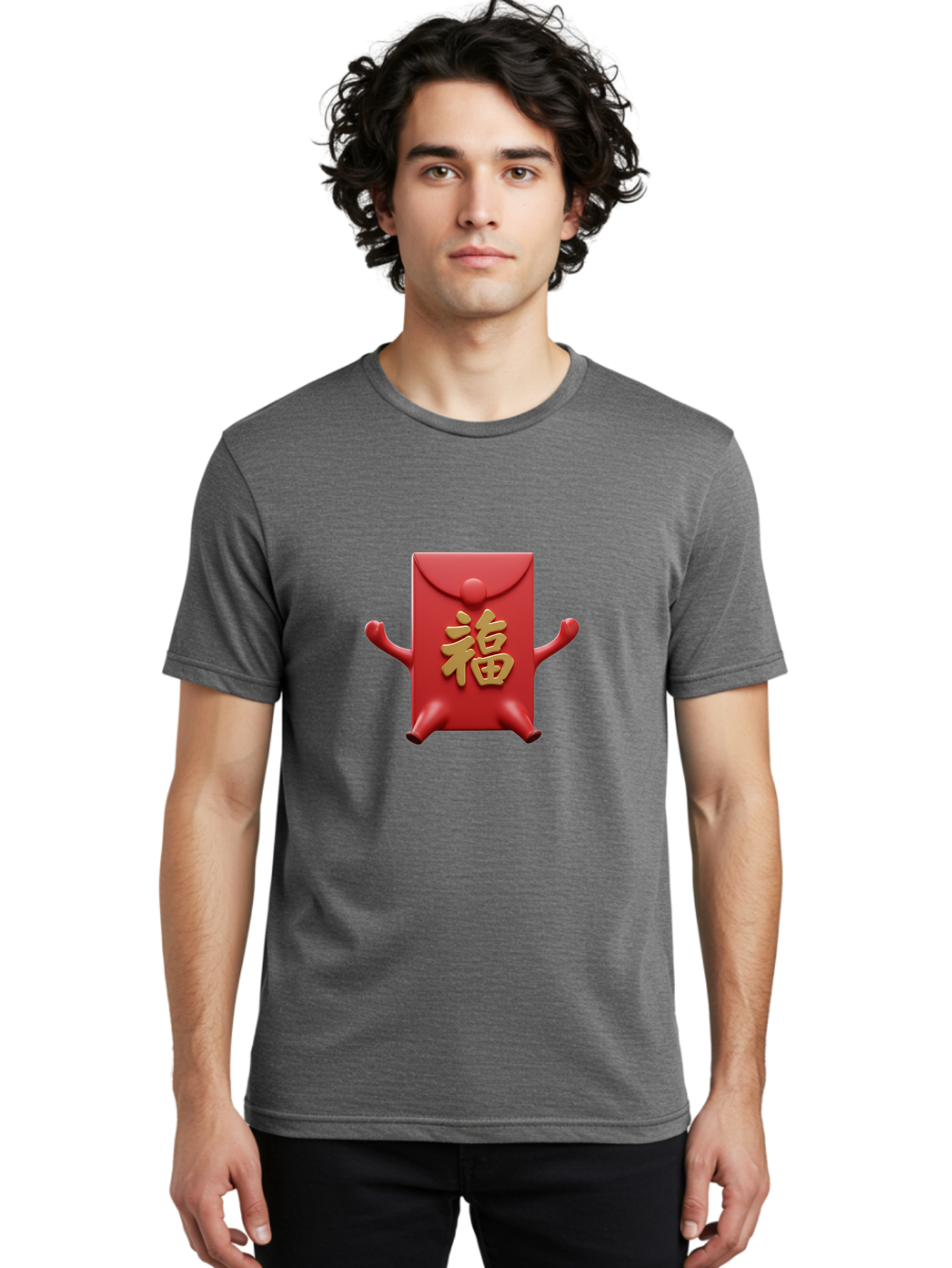 Fu-Lu Men'S Graphic Tee, 100% Cotton, Comfortable Casual Summer Wear, Machine Washable, Red Envelope Character, Chinese New Year, Hongbao Design, Playful Animation, Gold Chinese Characters, Cultural Symbol, Festive Greeting, Lucky Money Baa702 26