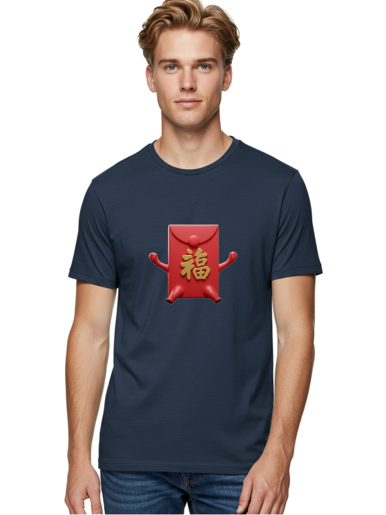 Fu-Lu Men'S Graphic Tee, 100% Cotton, Comfortable Casual Summer Wear, Machine Washable, Red Envelope Character, Chinese New Year, Hongbao Design, Playful Animation, Gold Chinese Characters, Cultural Symbol, Festive Greeting, Lucky Money Baa702 4
