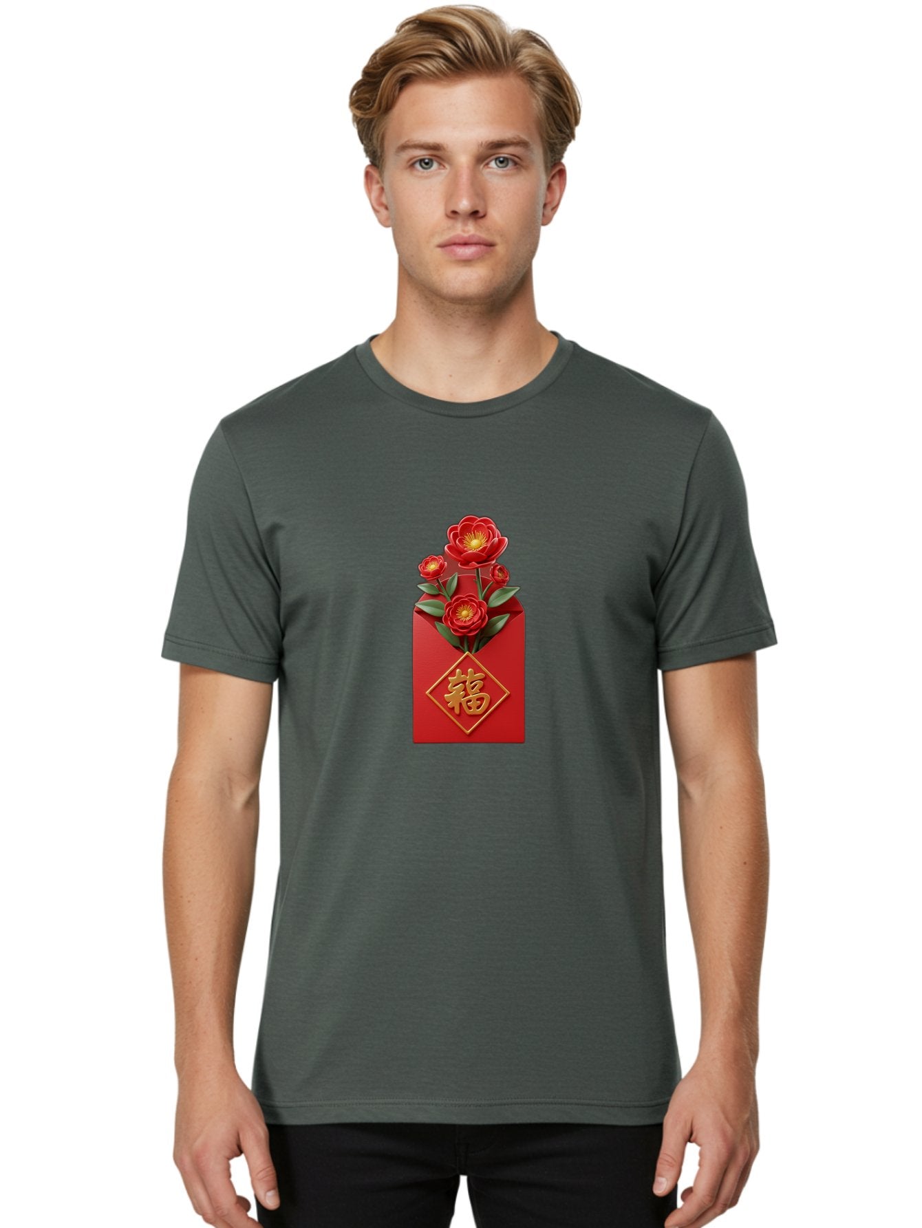 Fu-Red-Envelope-1 Men'S Graphic Tee, 100% Cotton, Comfortable Casual Summer Wear, Machine Washable, Red Envelope With Flowers, Chinese New Year Decoration, Blooming Flowers, Gold Chinese Character, Fu Symbol, Prosperity Symbol, Good Fortune, Baa703 29