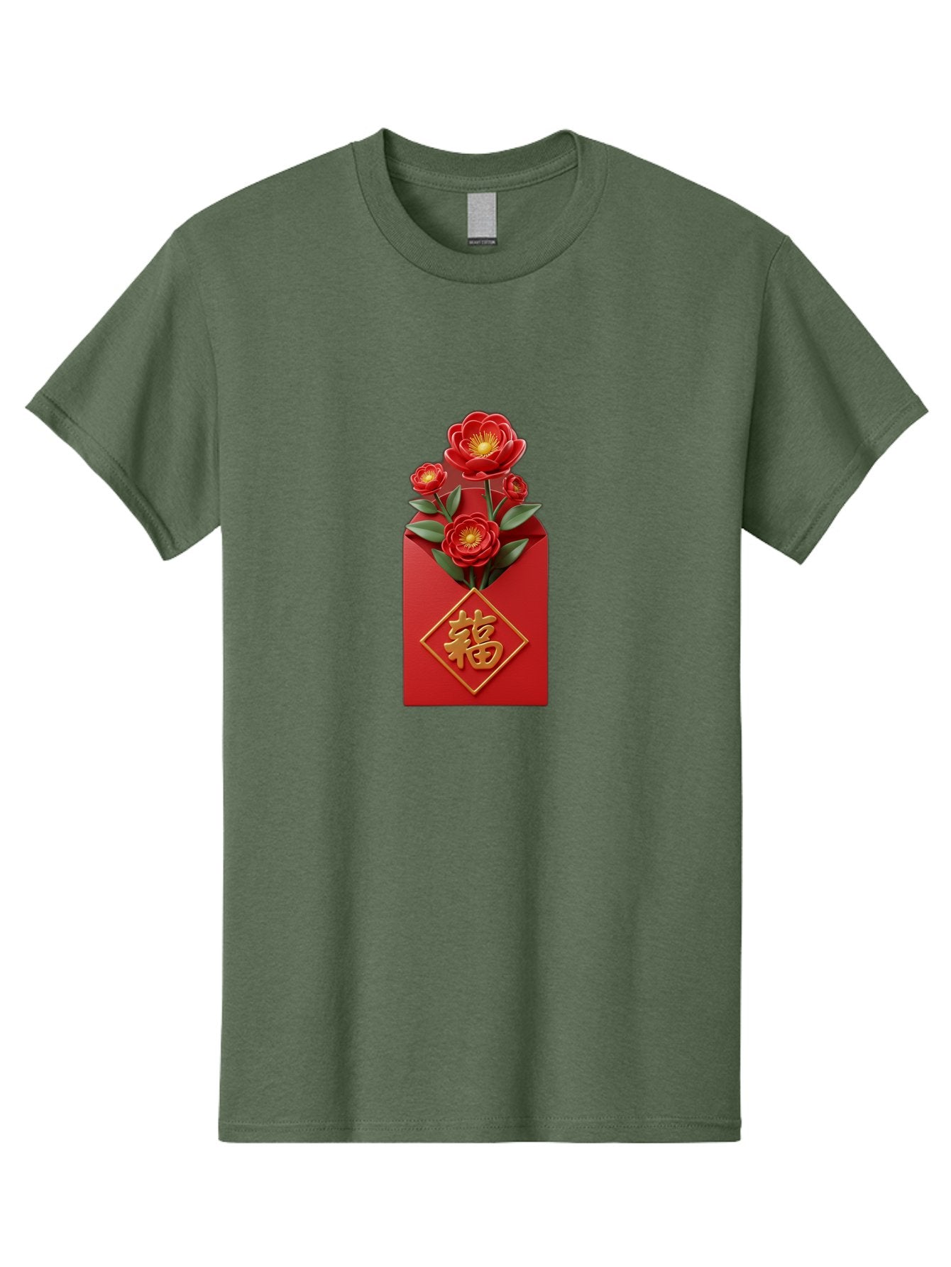 Fu-Red-Envelope-1 Men'S Graphic Tee, 100% Cotton, Comfortable Casual Summer Wear, Machine Washable, Red Envelope With Flowers, Chinese New Year Decoration, Blooming Flowers, Gold Chinese Character, Fu Symbol, Prosperity Symbol, Good Fortune, Baa703 3