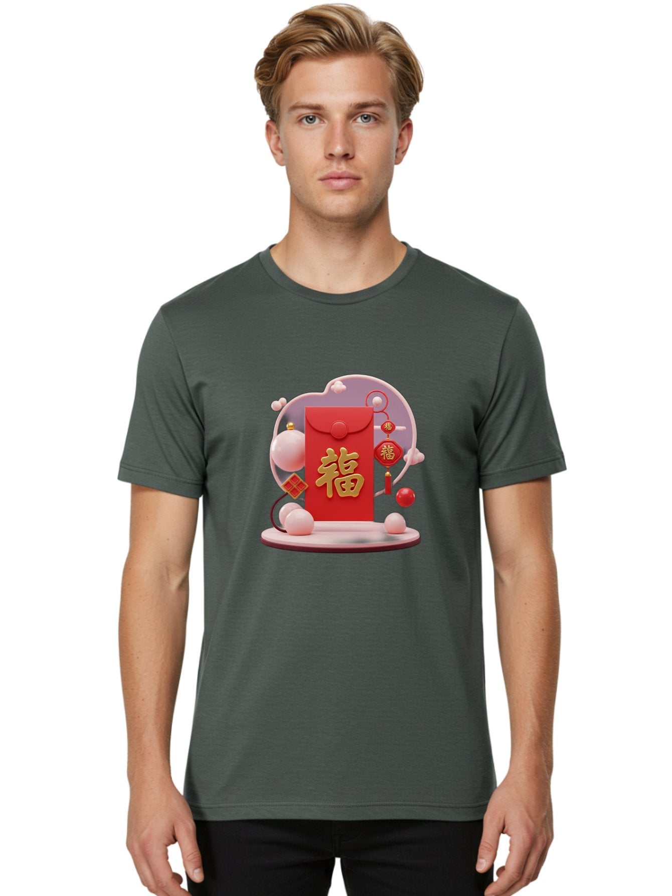 Fu-Red-Envelope Men'S Graphic Tee, 100% Cotton, Comfortable Casual Summer Wear, Machine Washable, Red Envelope, Chinese New Year, Fu Character, Gold Symbol, Traditional Decoration, Cultural Heritage, Prosperity, Good Fortune, Baa704 29