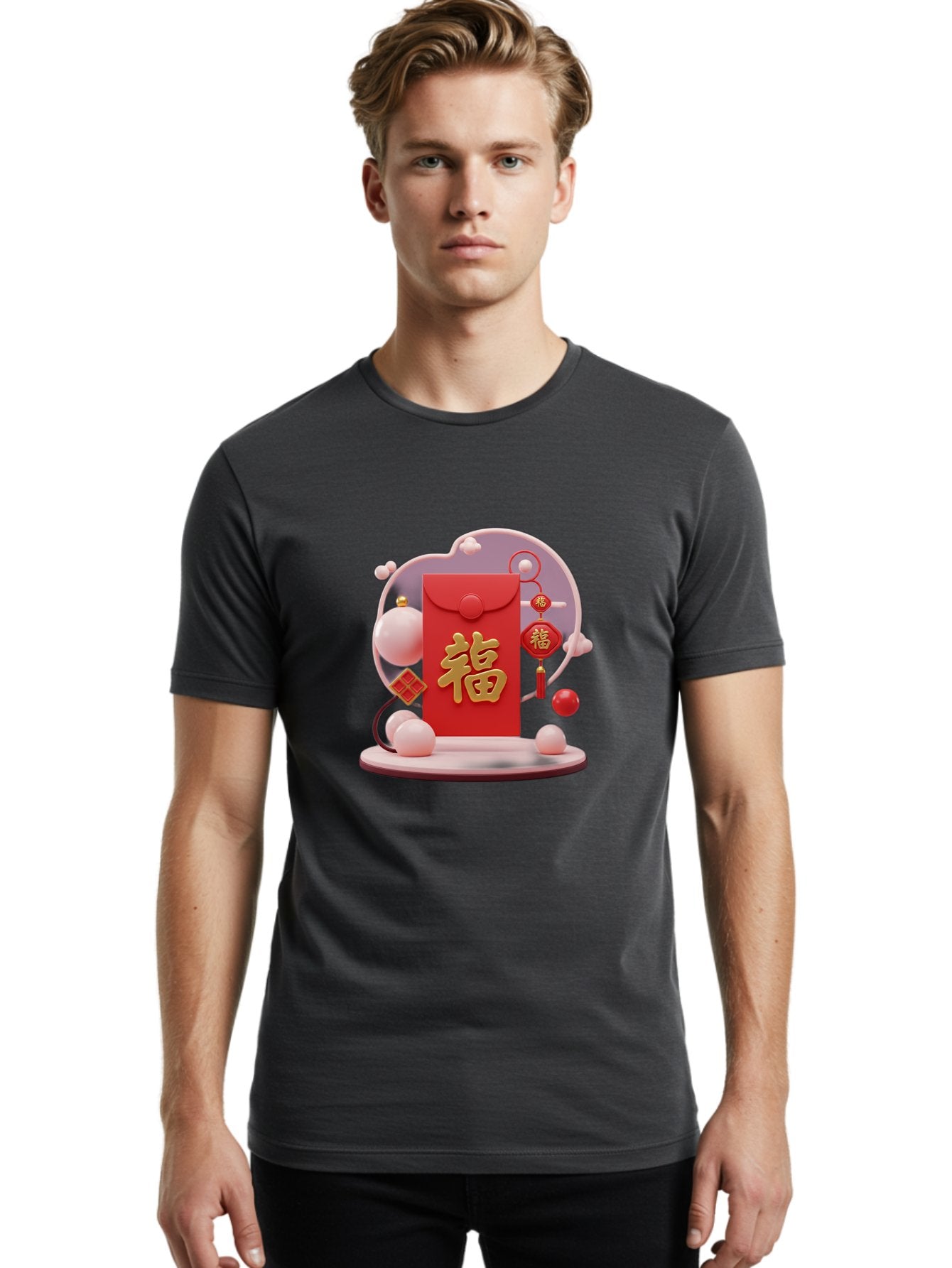 Fu-Red-Envelope Men'S Graphic Tee, 100% Cotton, Comfortable Casual Summer Wear, Machine Washable, Red Envelope, Chinese New Year, Fu Character, Gold Symbol, Traditional Decoration, Cultural Heritage, Prosperity, Good Fortune, Baa704 25