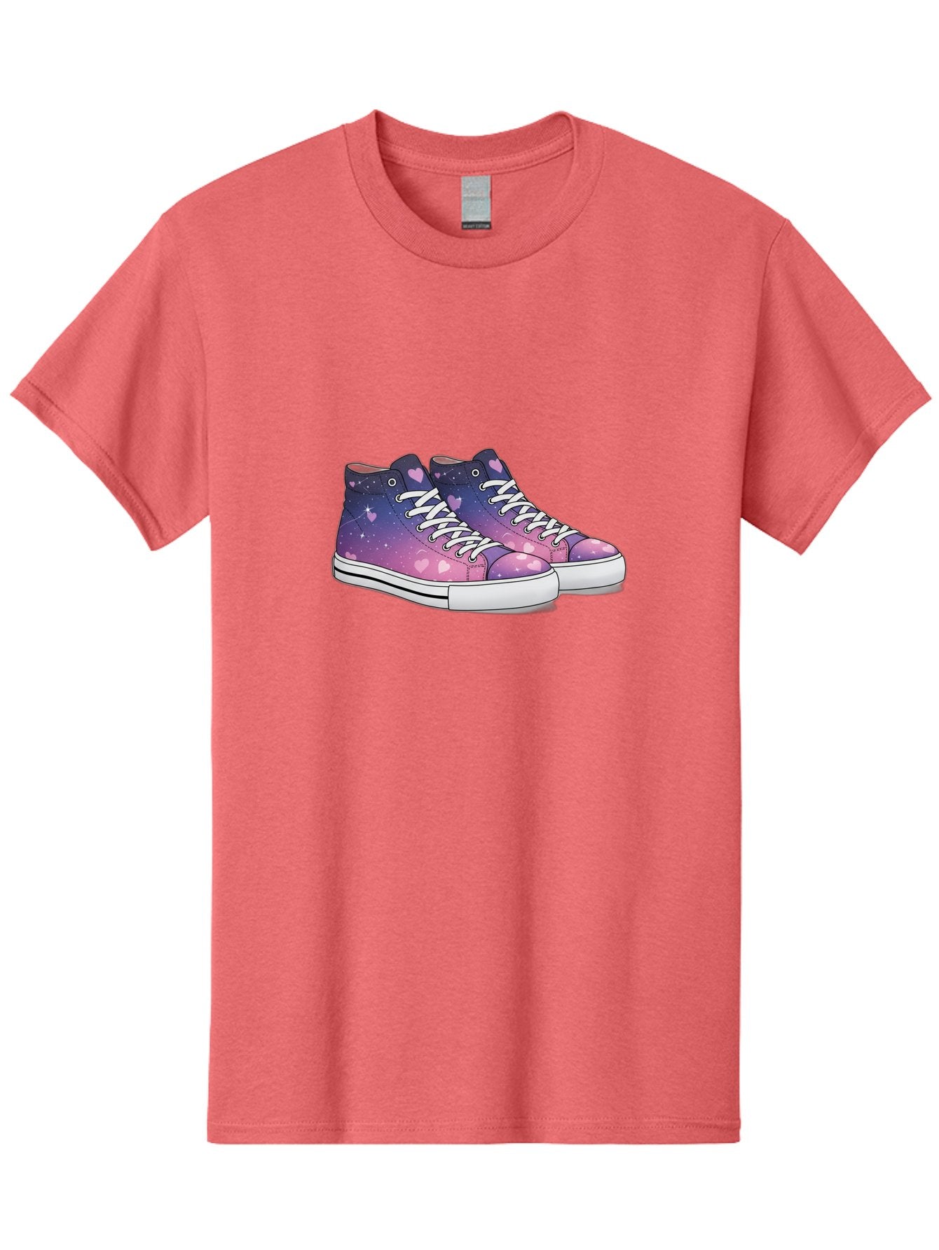 Galaxy-Sneakers Men'S Graphic Tee, 100% Cotton, Comfortable Casual Summer Wear, Machine Washable, Galaxy Print Sneakers, Purple And Pink Ombre, Heart Details, White Laces, Platform Shoes, Fashion Sneakers, Trendy Footwear, Cartoon Style, Baa707 10