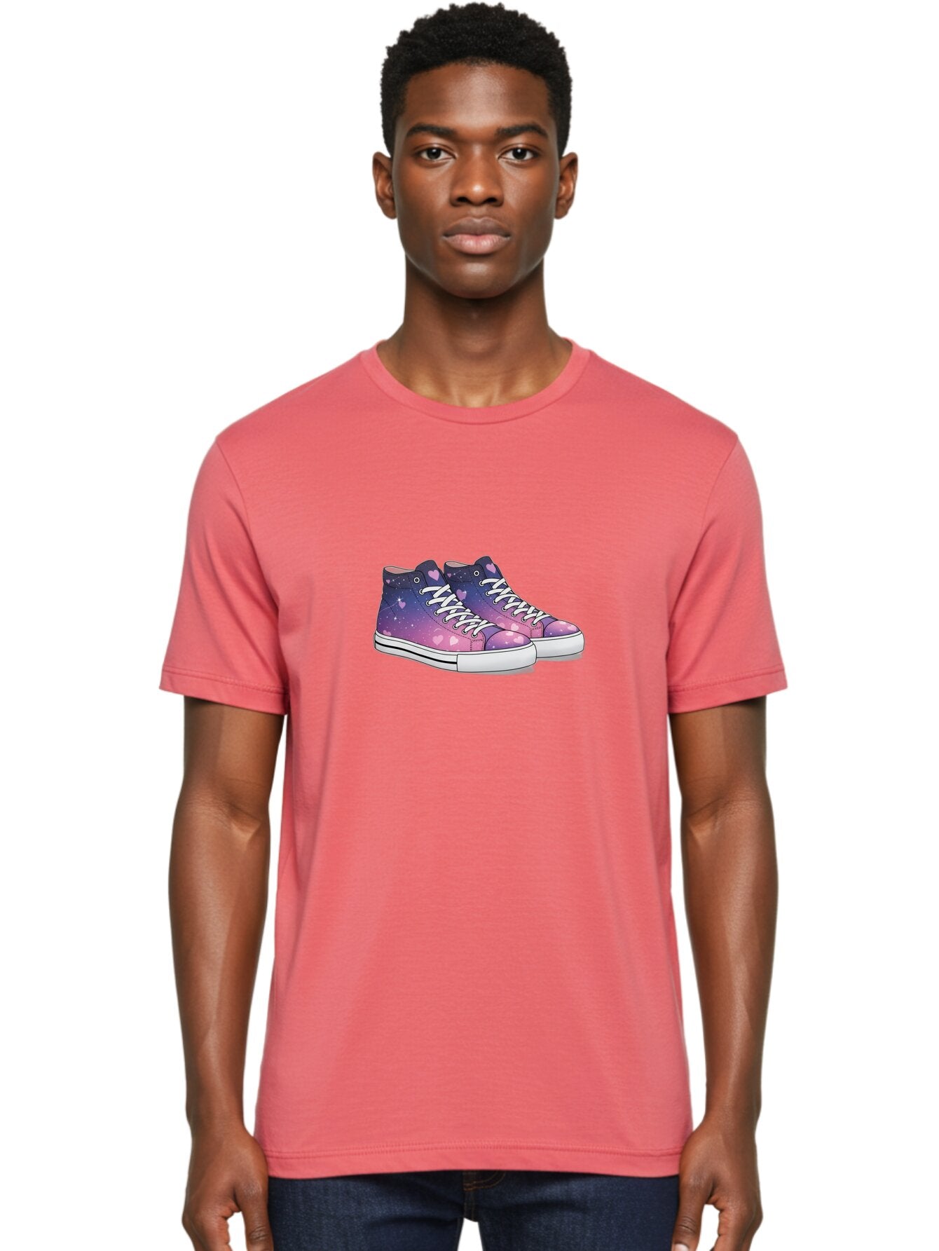 Galaxy-Sneakers Men'S Graphic Tee, 100% Cotton, Comfortable Casual Summer Wear, Machine Washable, Galaxy Print Sneakers, Purple And Pink Ombre, Heart Details, White Laces, Platform Shoes, Fashion Sneakers, Trendy Footwear, Cartoon Style, Baa707 17