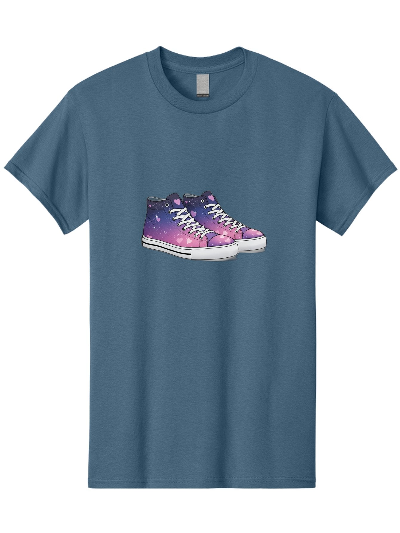 Galaxy-Sneakers Men'S Graphic Tee, 100% Cotton, Comfortable Casual Summer Wear, Machine Washable, Galaxy Print Sneakers, Purple And Pink Ombre, Heart Details, White Laces, Platform Shoes, Fashion Sneakers, Trendy Footwear, Cartoon Style, Baa707