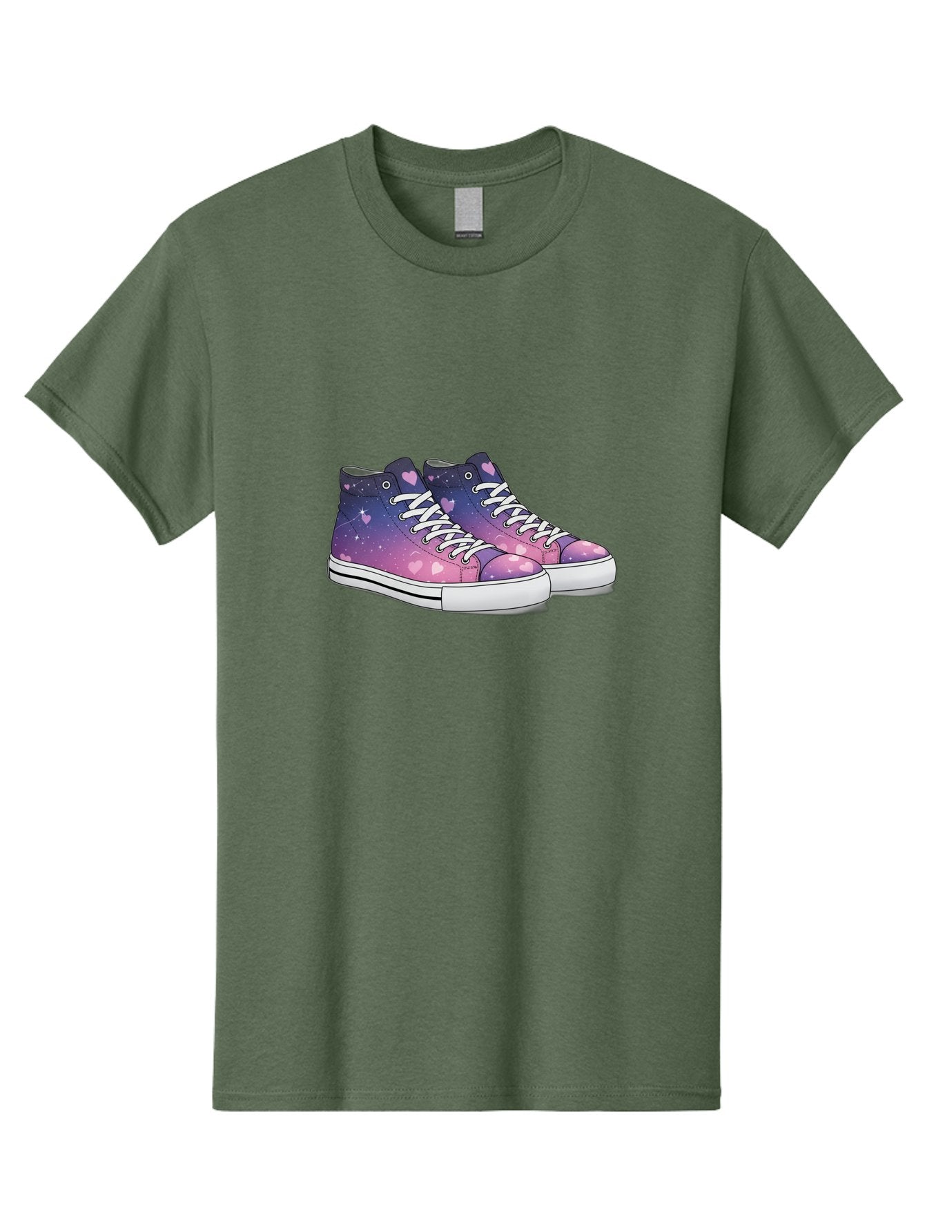 Galaxy-Sneakers Men'S Graphic Tee, 100% Cotton, Comfortable Casual Summer Wear, Machine Washable, Galaxy Print Sneakers, Purple And Pink Ombre, Heart Details, White Laces, Platform Shoes, Fashion Sneakers, Trendy Footwear, Cartoon Style, Baa707 13