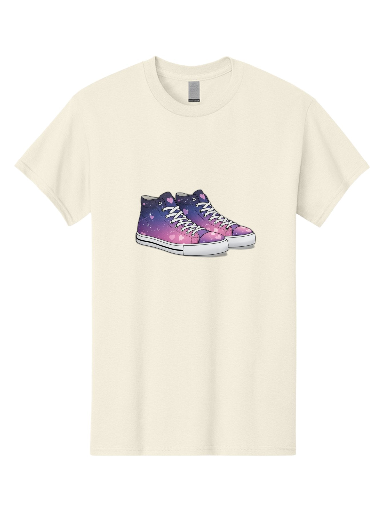 Galaxy-Sneakers Men'S Graphic Tee, 100% Cotton, Comfortable Casual Summer Wear, Machine Washable, Galaxy Print Sneakers, Purple And Pink Ombre, Heart Details, White Laces, Platform Shoes, Fashion Sneakers, Trendy Footwear, Cartoon Style, Baa707 15