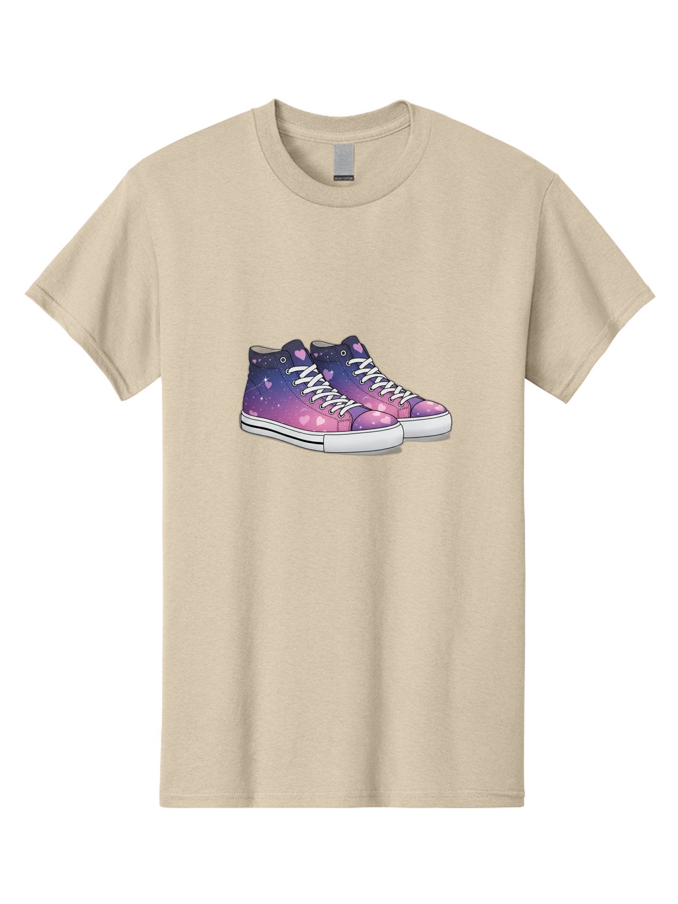Galaxy-Sneakers Men'S Graphic Tee, 100% Cotton, Comfortable Casual Summer Wear, Machine Washable, Galaxy Print Sneakers, Purple And Pink Ombre, Heart Details, White Laces, Platform Shoes, Fashion Sneakers, Trendy Footwear, Cartoon Style, Baa707 7