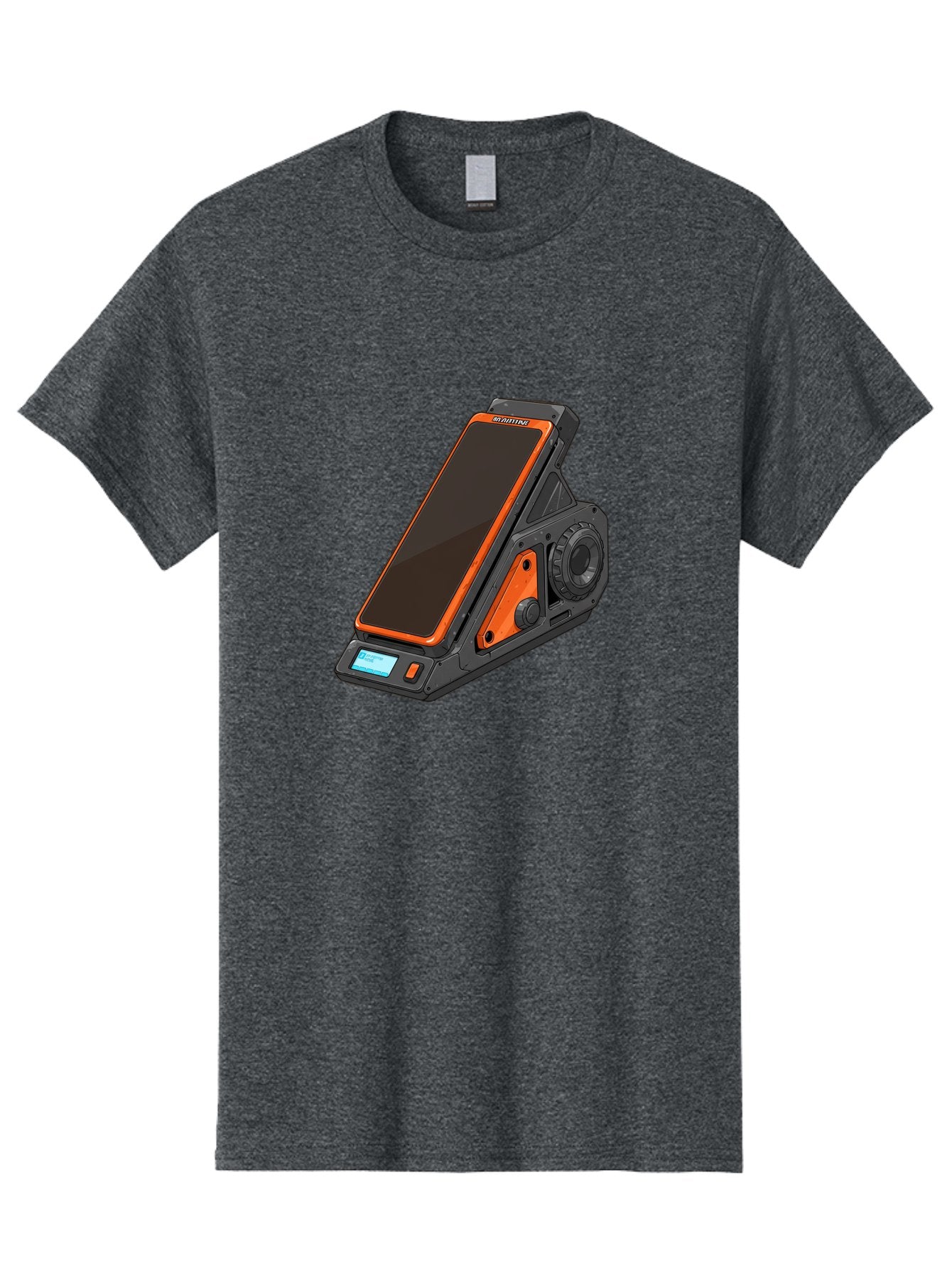 Gaming-Phone-Holder Men'S Graphic Tee, 100% Cotton, Comfortable Casual Summer Wear, Machine Washable, Smartphone With Gaming Features, Orange Accents, Black Design, Futuristic Technology, Gaming Phone, High-Performance Device, Baa708