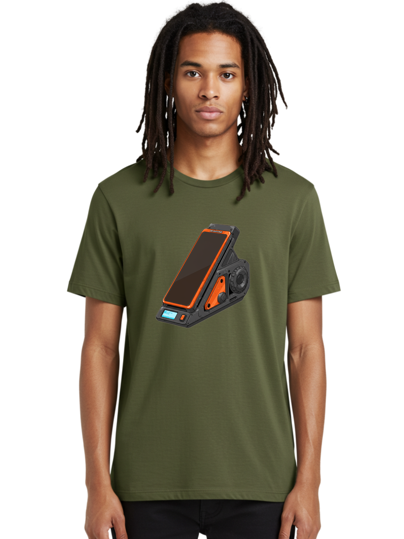 Gaming-Phone-Holder Men'S Graphic Tee, 100% Cotton, Comfortable Casual Summer Wear, Machine Washable, Smartphone With Gaming Features, Orange Accents, Black Design, Futuristic Technology, Gaming Phone, High-Performance Device, Baa708
