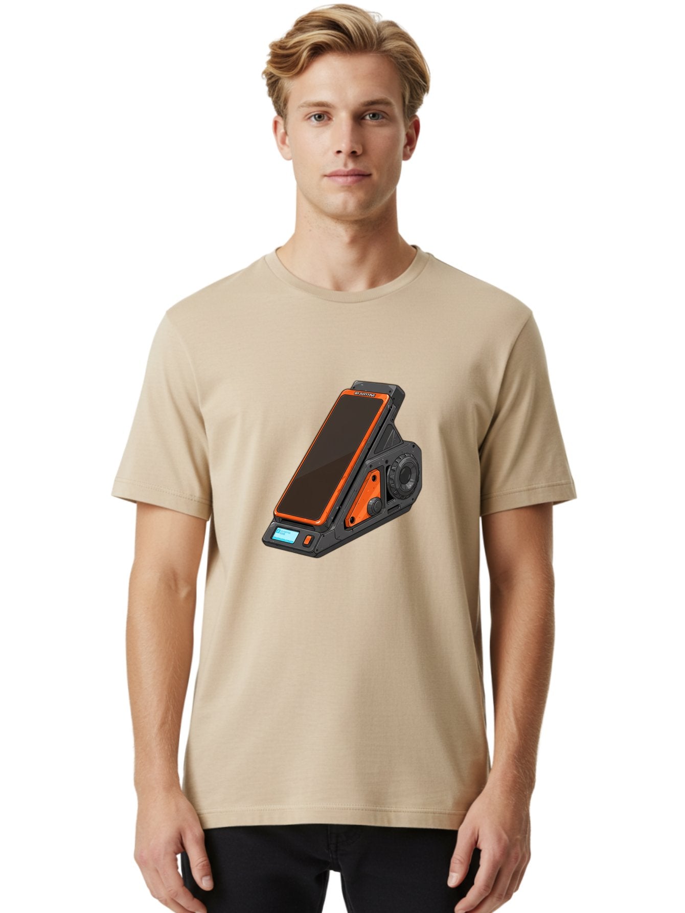 Gaming-Phone-Holder Men'S Graphic Tee, 100% Cotton, Comfortable Casual Summer Wear, Machine Washable, Smartphone With Gaming Features, Orange Accents, Black Design, Futuristic Technology, Gaming Phone, High-Performance Device, Baa708 22