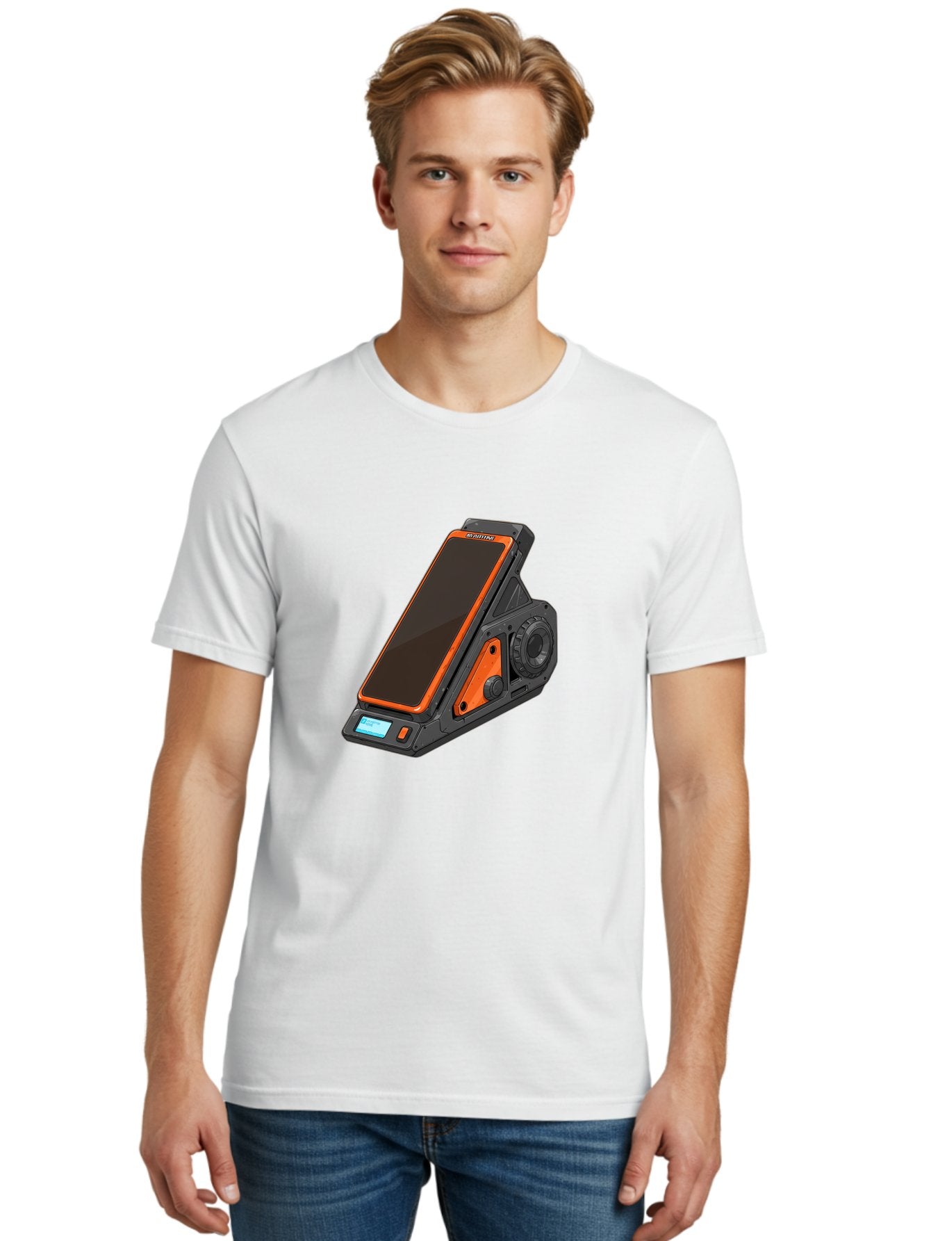 Gaming-Phone-Holder Men'S Graphic Tee, 100% Cotton, Comfortable Casual Summer Wear, Machine Washable, Smartphone With Gaming Features, Orange Accents, Black Design, Futuristic Technology, Gaming Phone, High-Performance Device, Baa708 24