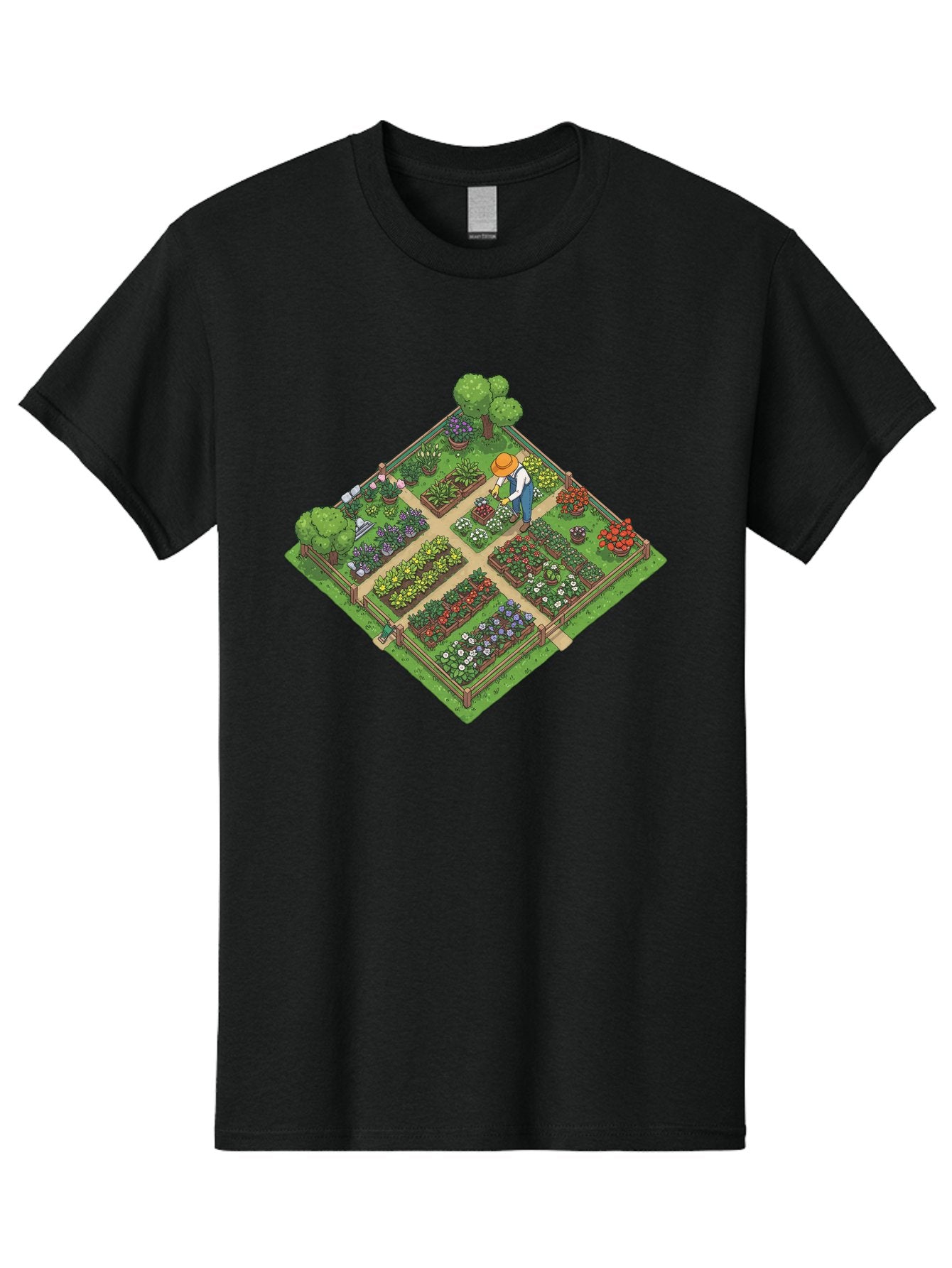 Garden-Scene Men'S Graphic Tee, 100% Cotton, Comfortable Casual Summer Wear, Machine Washable, Gardening Scene, Garden Landscape, Flower Beds, Vibrant Flowers, Gardener At Work, Wooden Fence, Lush Greenery, Serene Atmosphere, Isometric View, Baa710 15