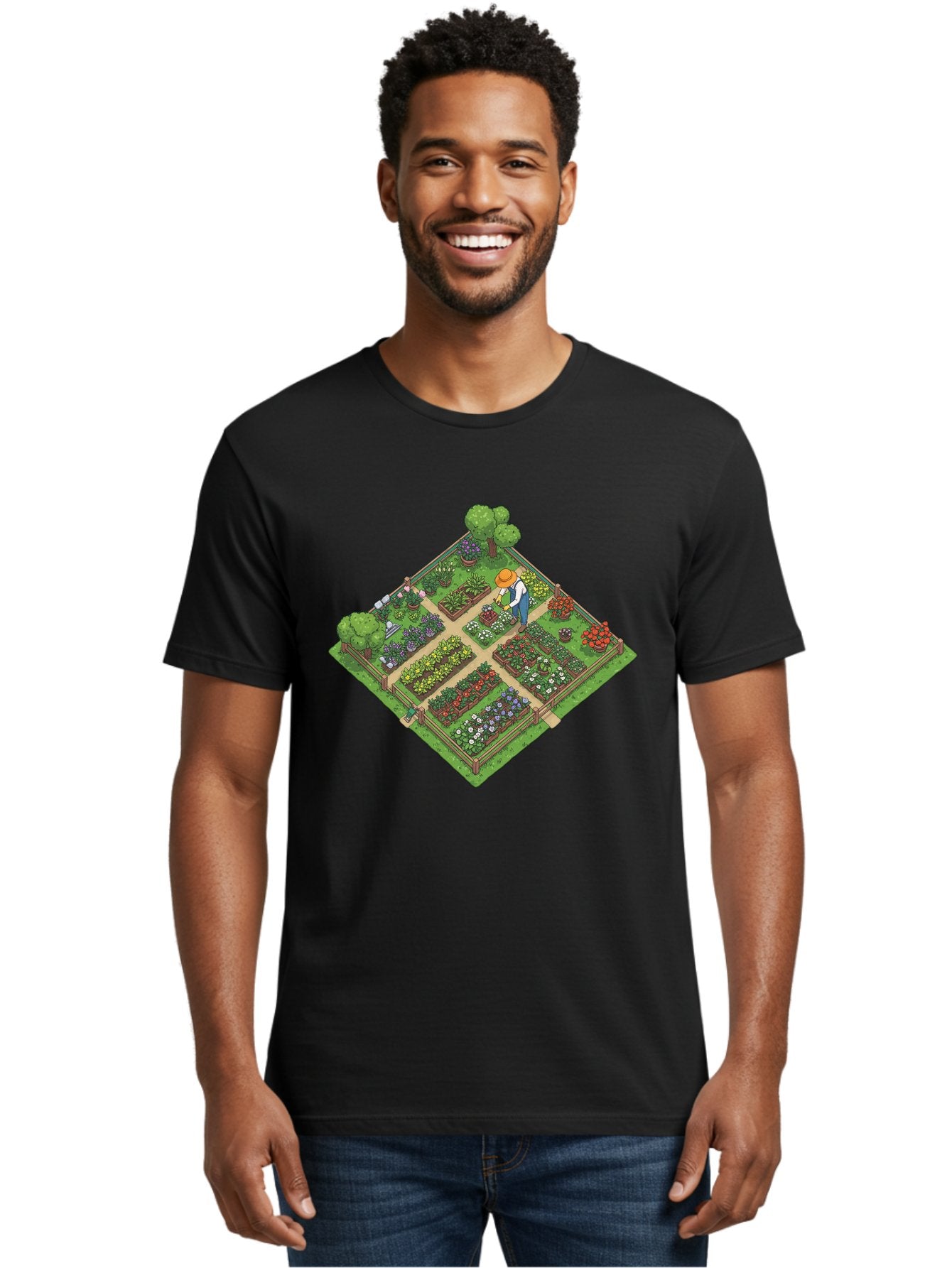 Garden-Scene Men'S Graphic Tee, 100% Cotton, Comfortable Casual Summer Wear, Machine Washable, Gardening Scene, Garden Landscape, Flower Beds, Vibrant Flowers, Gardener At Work, Wooden Fence, Lush Greenery, Serene Atmosphere, Isometric View, Baa710 30