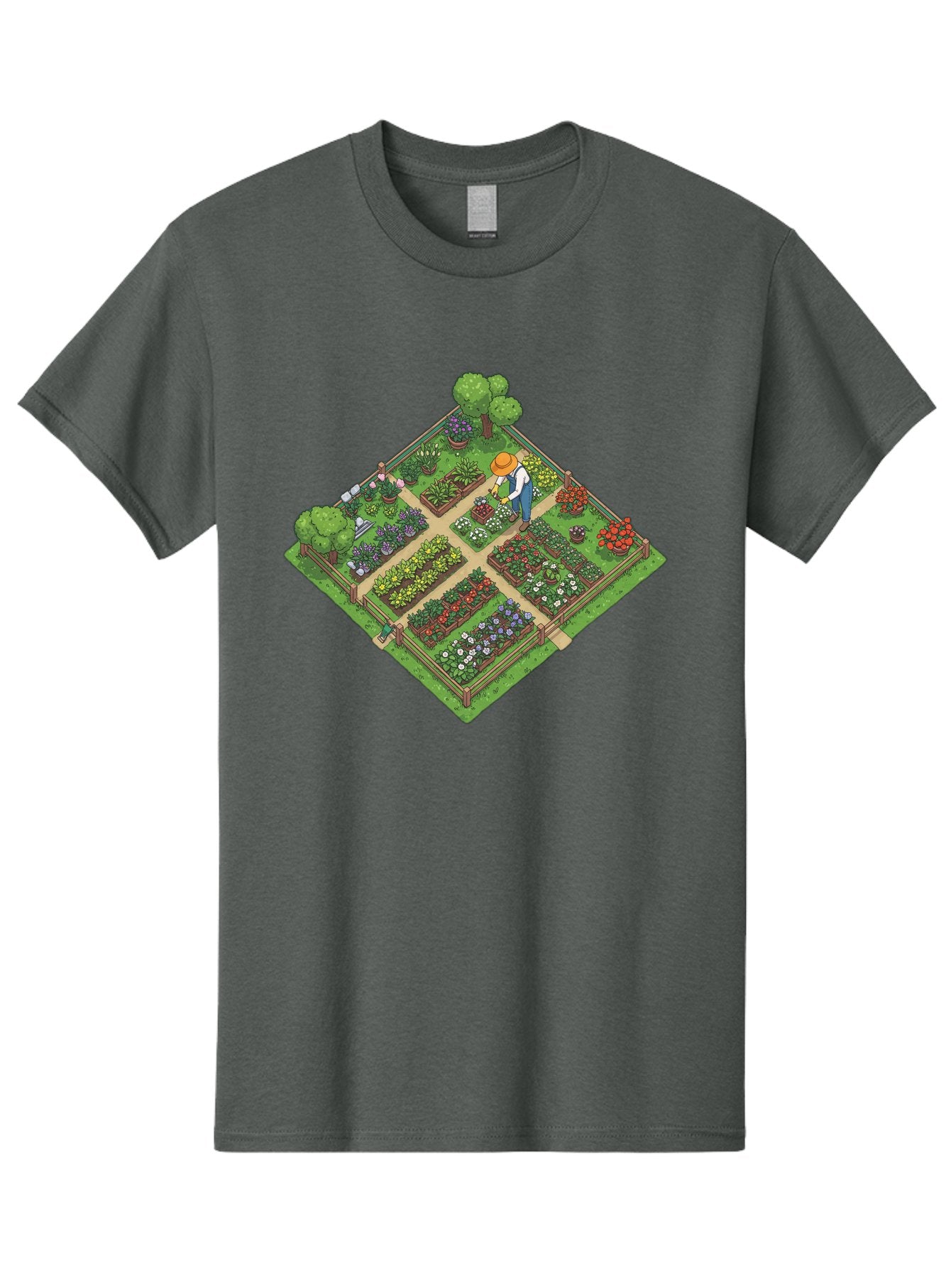 Garden-Scene Men'S Graphic Tee, 100% Cotton, Comfortable Casual Summer Wear, Machine Washable, Gardening Scene, Garden Landscape, Flower Beds, Vibrant Flowers, Gardener At Work, Wooden Fence, Lush Greenery, Serene Atmosphere, Isometric View, Baa710 5