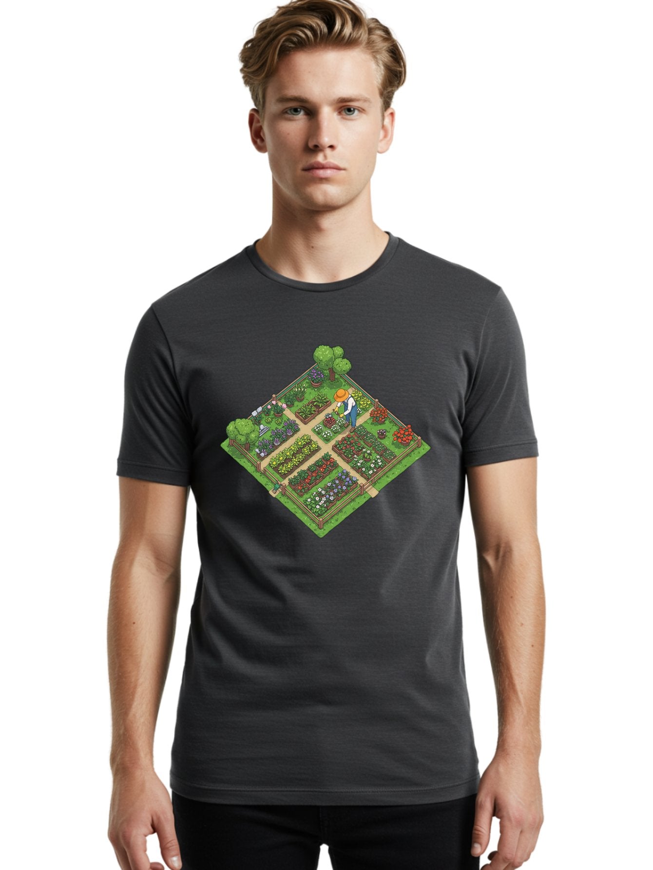 Garden-Scene Men'S Graphic Tee, 100% Cotton, Comfortable Casual Summer Wear, Machine Washable, Gardening Scene, Garden Landscape, Flower Beds, Vibrant Flowers, Gardener At Work, Wooden Fence, Lush Greenery, Serene Atmosphere, Isometric View, Baa710 29