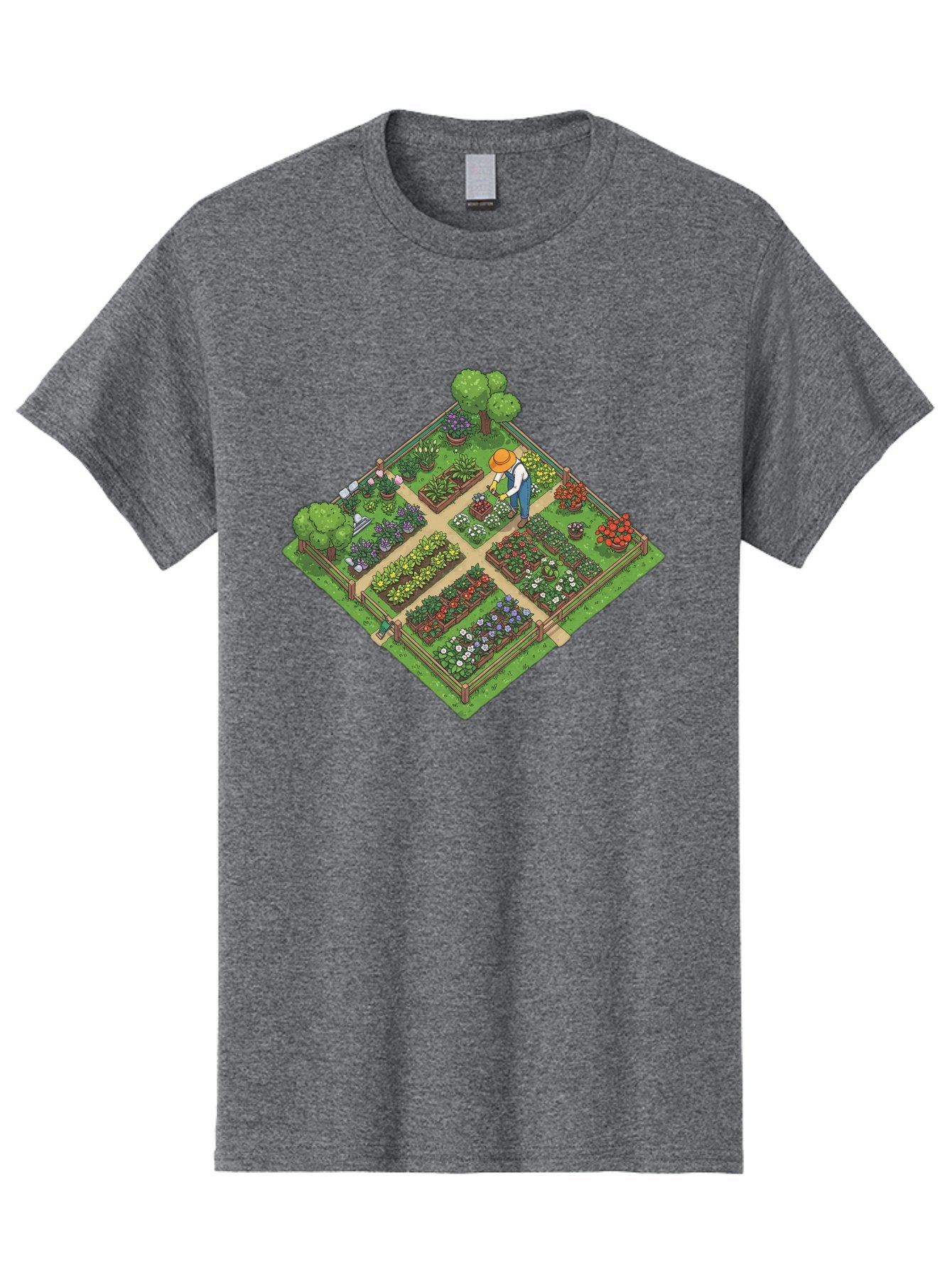 Garden-Scene Men'S Graphic Tee, 100% Cotton, Comfortable Casual Summer Wear, Machine Washable, Gardening Scene, Garden Landscape, Flower Beds, Vibrant Flowers, Gardener At Work, Wooden Fence, Lush Greenery, Serene Atmosphere, Isometric View, Baa710 4