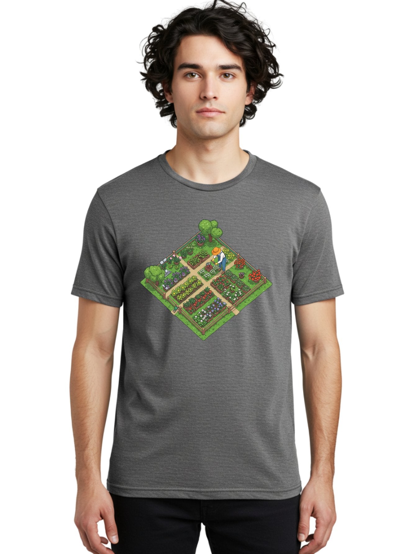 Garden-Scene Men'S Graphic Tee, 100% Cotton, Comfortable Casual Summer Wear, Machine Washable, Gardening Scene, Garden Landscape, Flower Beds, Vibrant Flowers, Gardener At Work, Wooden Fence, Lush Greenery, Serene Atmosphere, Isometric View, Baa710 18