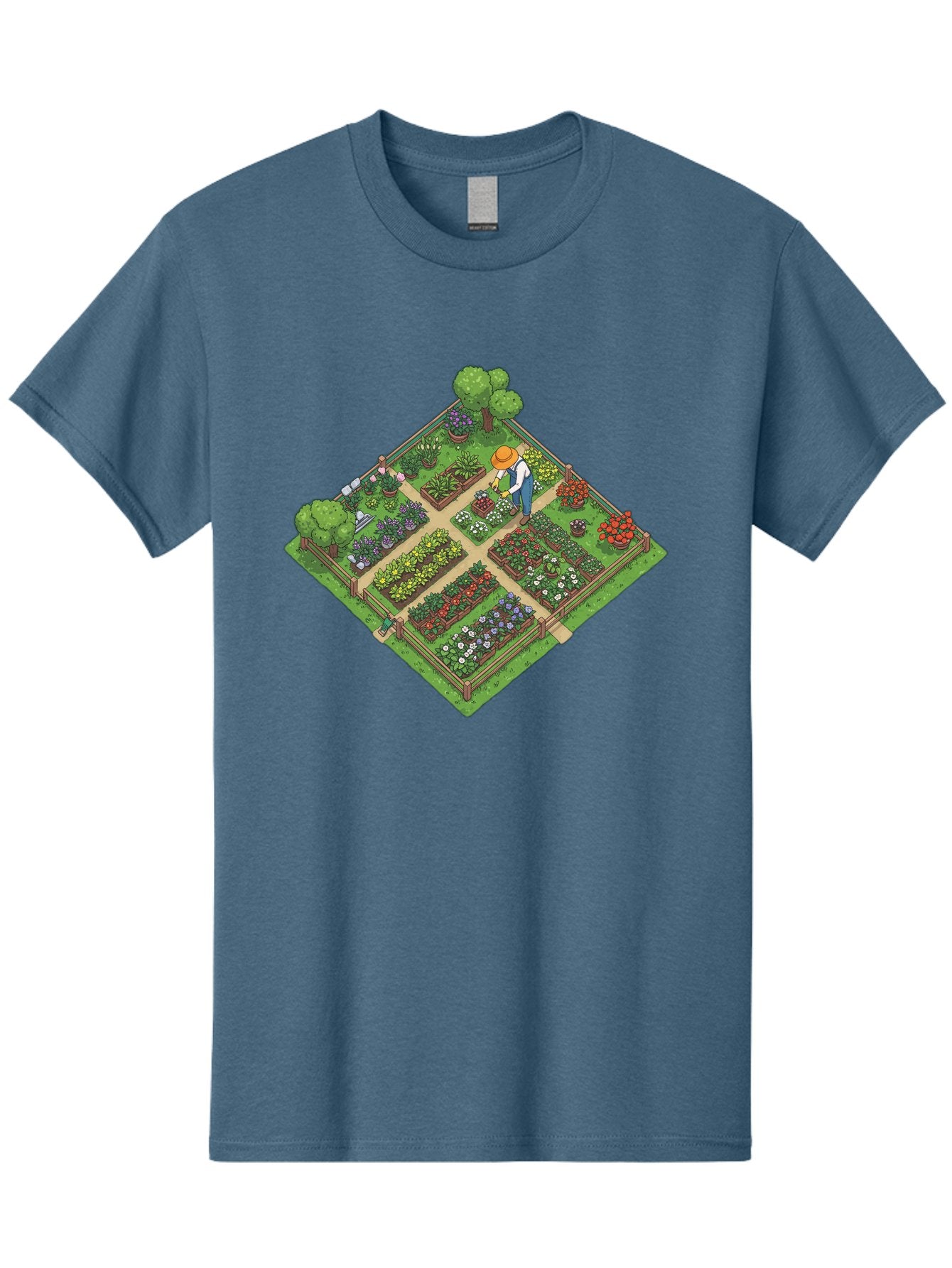 Garden-Scene Men'S Graphic Tee, 100% Cotton, Comfortable Casual Summer Wear, Machine Washable, Gardening Scene, Garden Landscape, Flower Beds, Vibrant Flowers, Gardener At Work, Wooden Fence, Lush Greenery, Serene Atmosphere, Isometric View, Baa710 3