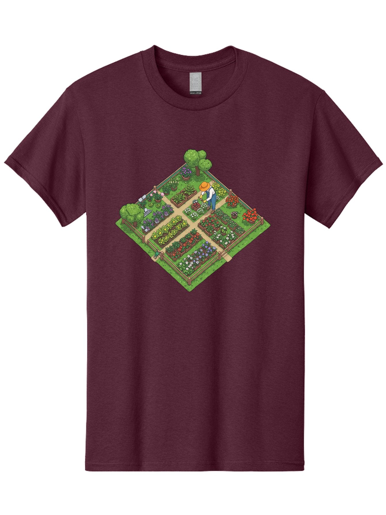 Garden-Scene Men'S Graphic Tee, 100% Cotton, Comfortable Casual Summer Wear, Machine Washable, Gardening Scene, Garden Landscape, Flower Beds, Vibrant Flowers, Gardener At Work, Wooden Fence, Lush Greenery, Serene Atmosphere, Isometric View, Baa710 11