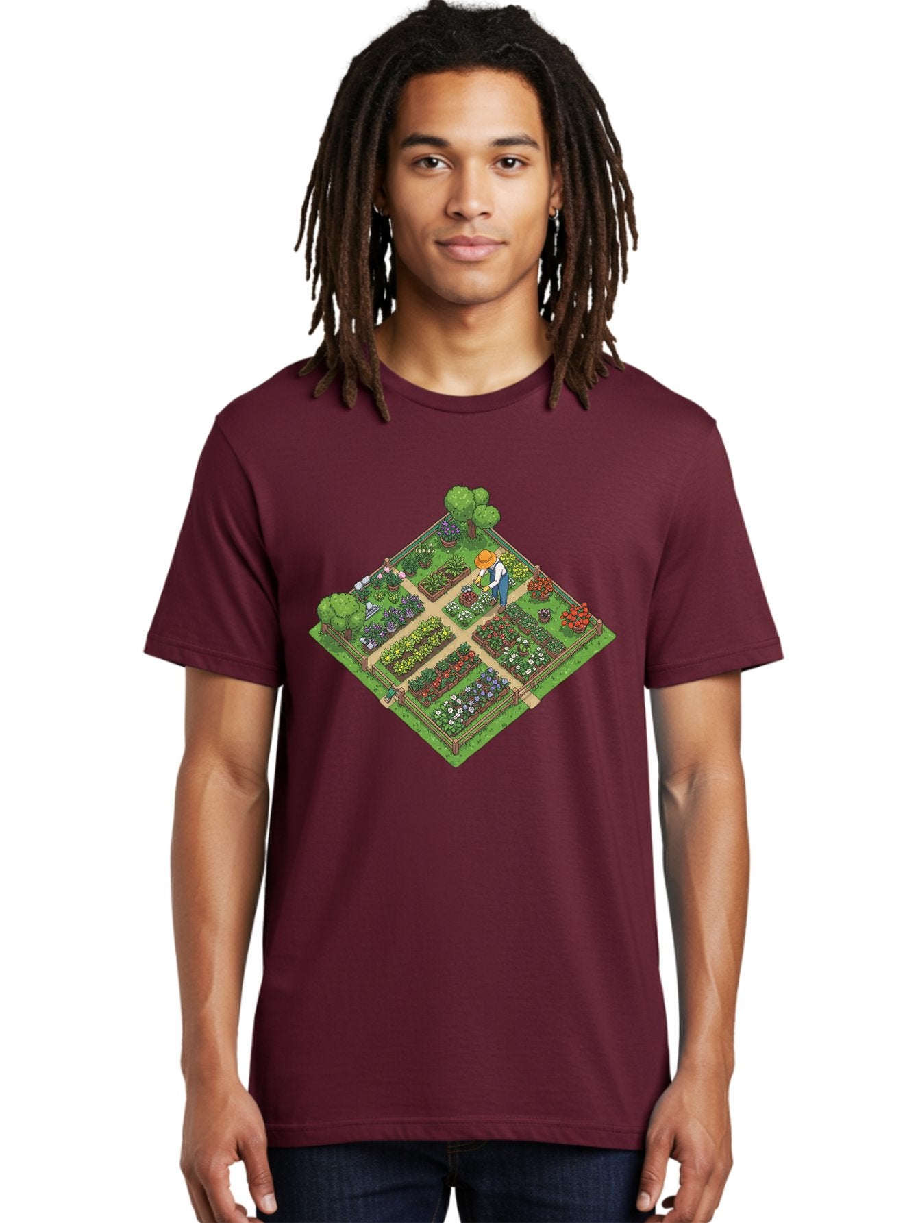 Garden-Scene Men'S Graphic Tee, 100% Cotton, Comfortable Casual Summer Wear, Machine Washable, Gardening Scene, Garden Landscape, Flower Beds, Vibrant Flowers, Gardener At Work, Wooden Fence, Lush Greenery, Serene Atmosphere, Isometric View, Baa710 27