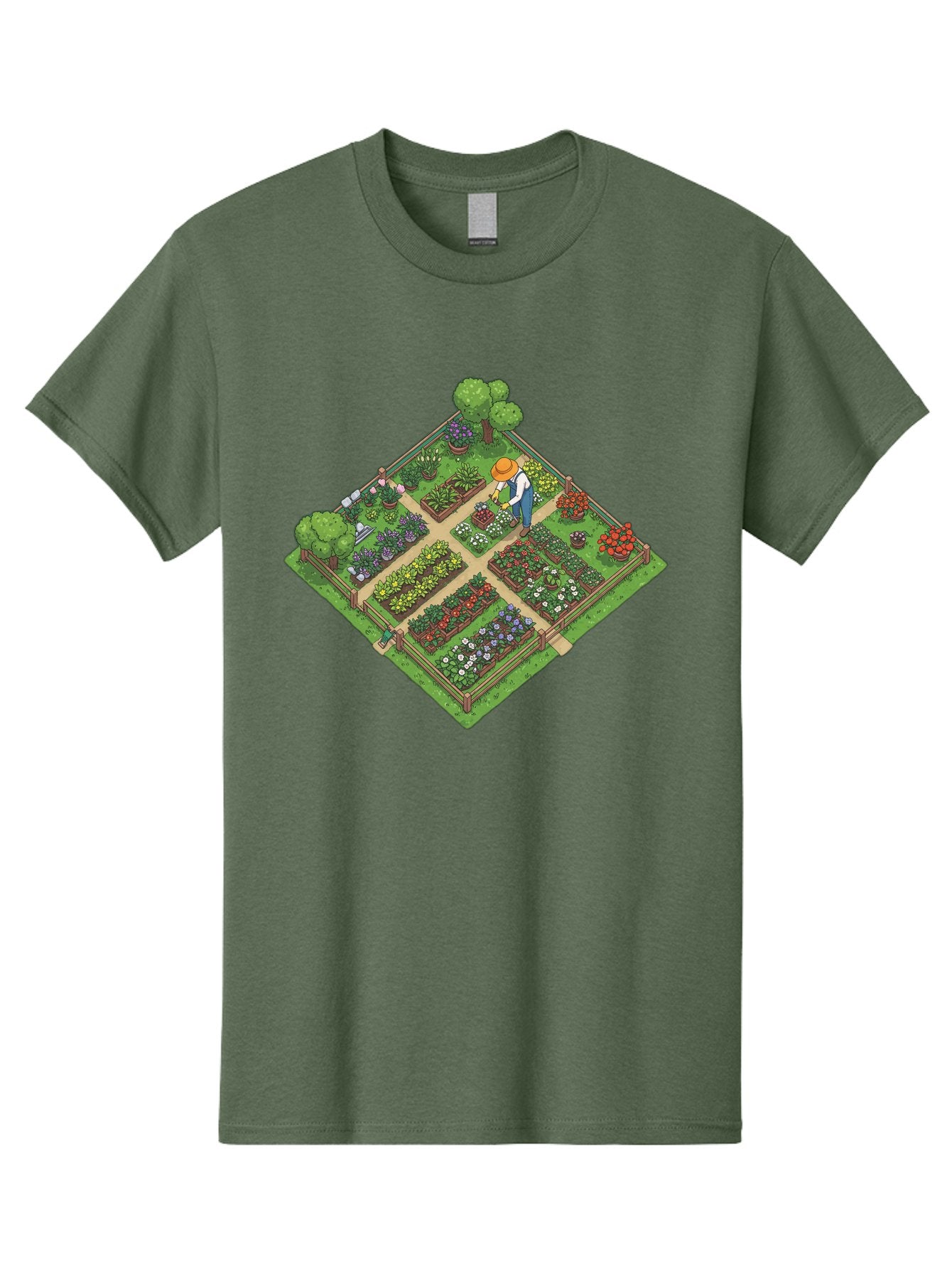 Garden-Scene Men'S Graphic Tee, 100% Cotton, Comfortable Casual Summer Wear, Machine Washable, Gardening Scene, Garden Landscape, Flower Beds, Vibrant Flowers, Gardener At Work, Wooden Fence, Lush Greenery, Serene Atmosphere, Isometric View, Baa710