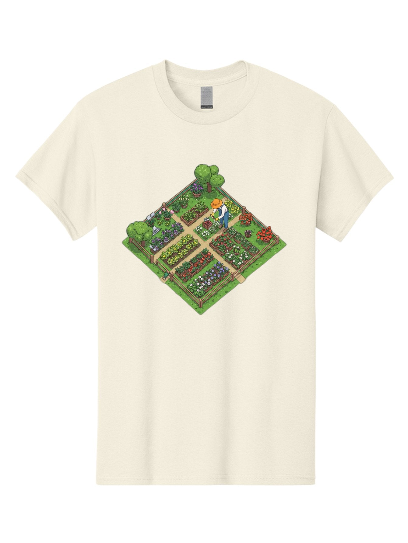 Garden-Scene Men'S Graphic Tee, 100% Cotton, Comfortable Casual Summer Wear, Machine Washable, Gardening Scene, Garden Landscape, Flower Beds, Vibrant Flowers, Gardener At Work, Wooden Fence, Lush Greenery, Serene Atmosphere, Isometric View, Baa710 8