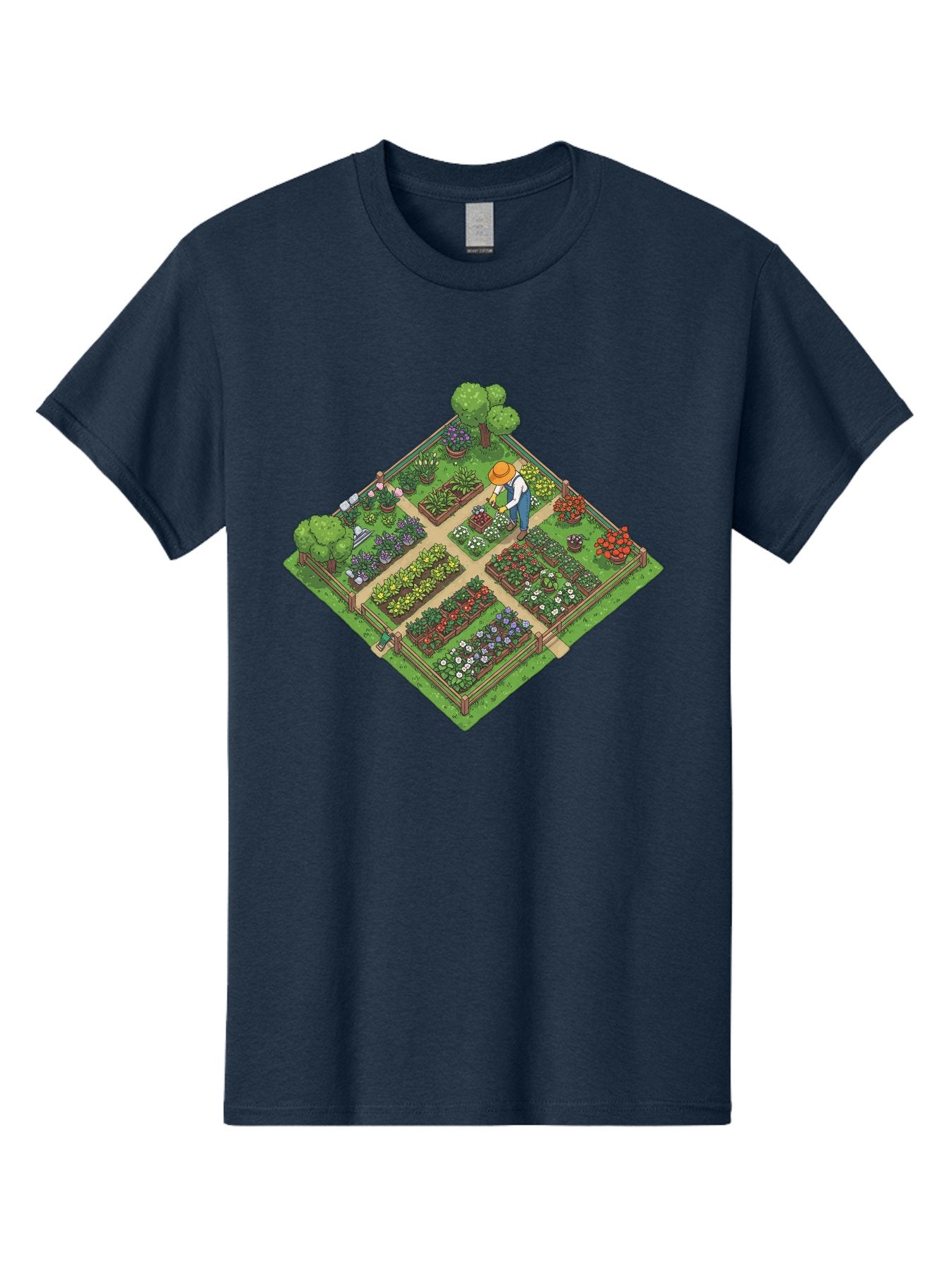 Garden-Scene Men'S Graphic Tee, 100% Cotton, Comfortable Casual Summer Wear, Machine Washable, Gardening Scene, Garden Landscape, Flower Beds, Vibrant Flowers, Gardener At Work, Wooden Fence, Lush Greenery, Serene Atmosphere, Isometric View, Baa710 13