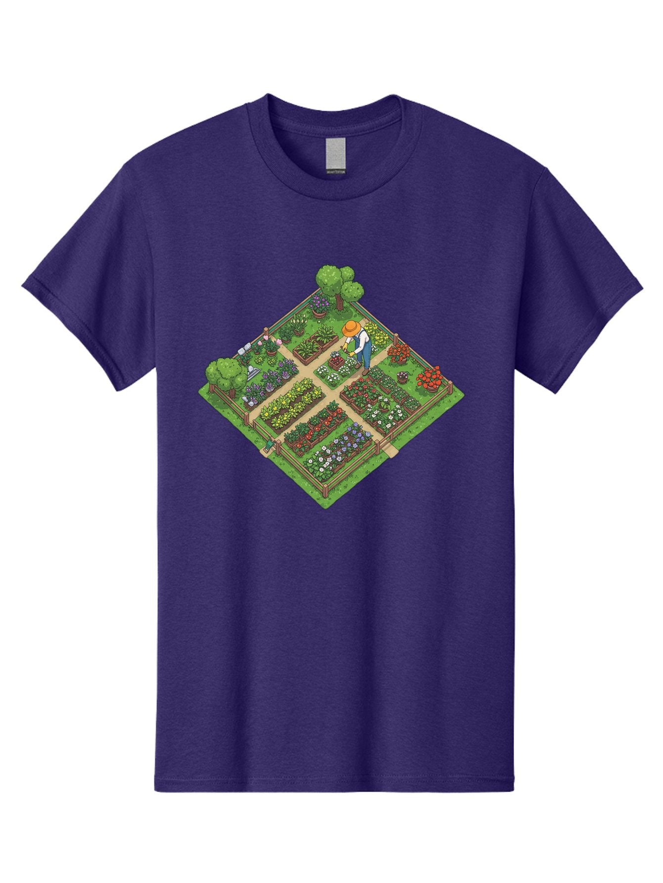 Garden-Scene Men'S Graphic Tee, 100% Cotton, Comfortable Casual Summer Wear, Machine Washable, Gardening Scene, Garden Landscape, Flower Beds, Vibrant Flowers, Gardener At Work, Wooden Fence, Lush Greenery, Serene Atmosphere, Isometric View, Baa710