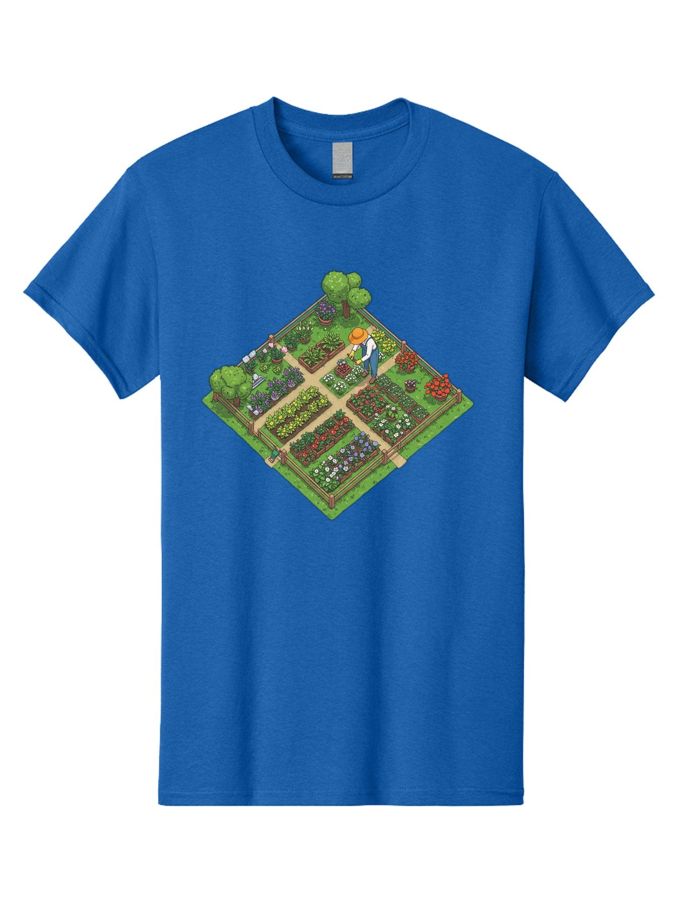 Garden-Scene Men'S Graphic Tee, 100% Cotton, Comfortable Casual Summer Wear, Machine Washable, Gardening Scene, Garden Landscape, Flower Beds, Vibrant Flowers, Gardener At Work, Wooden Fence, Lush Greenery, Serene Atmosphere, Isometric View, Baa710 7