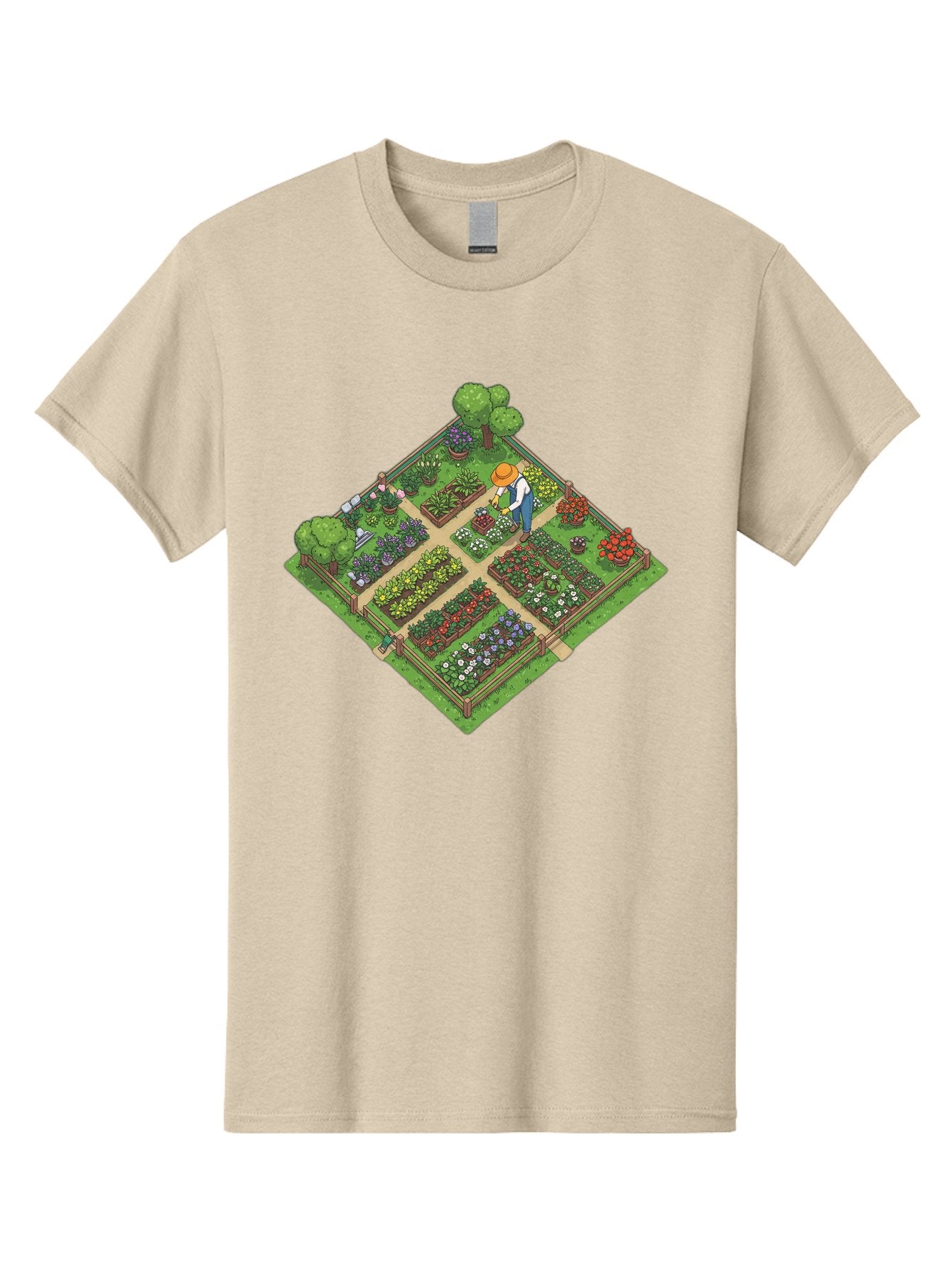 Garden-Scene Men'S Graphic Tee, 100% Cotton, Comfortable Casual Summer Wear, Machine Washable, Gardening Scene, Garden Landscape, Flower Beds, Vibrant Flowers, Gardener At Work, Wooden Fence, Lush Greenery, Serene Atmosphere, Isometric View, Baa710 10